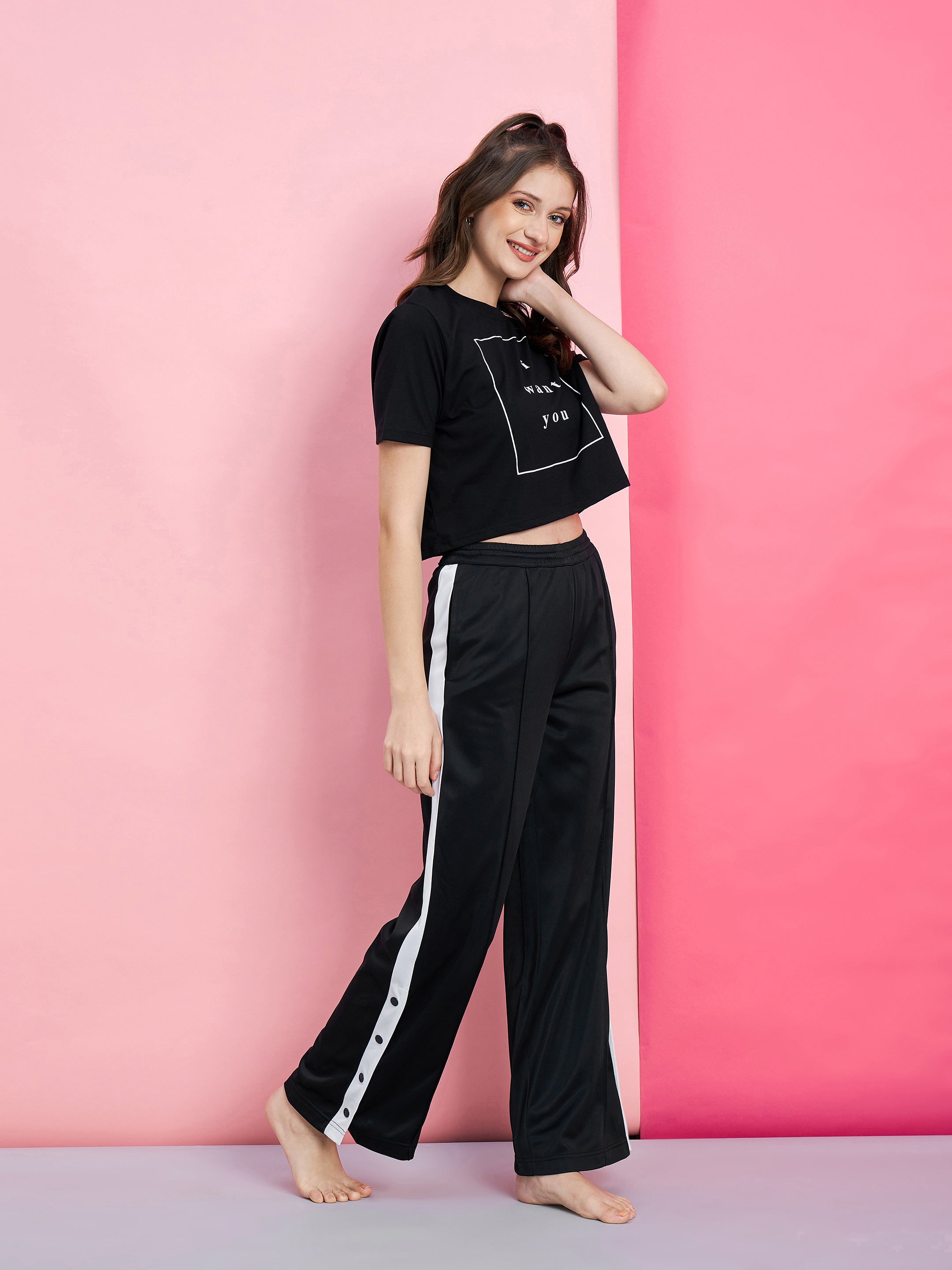 Women's Black I WANT YOU Boxy T-Shirt With Side Button Track Pants - SASSAFRAS