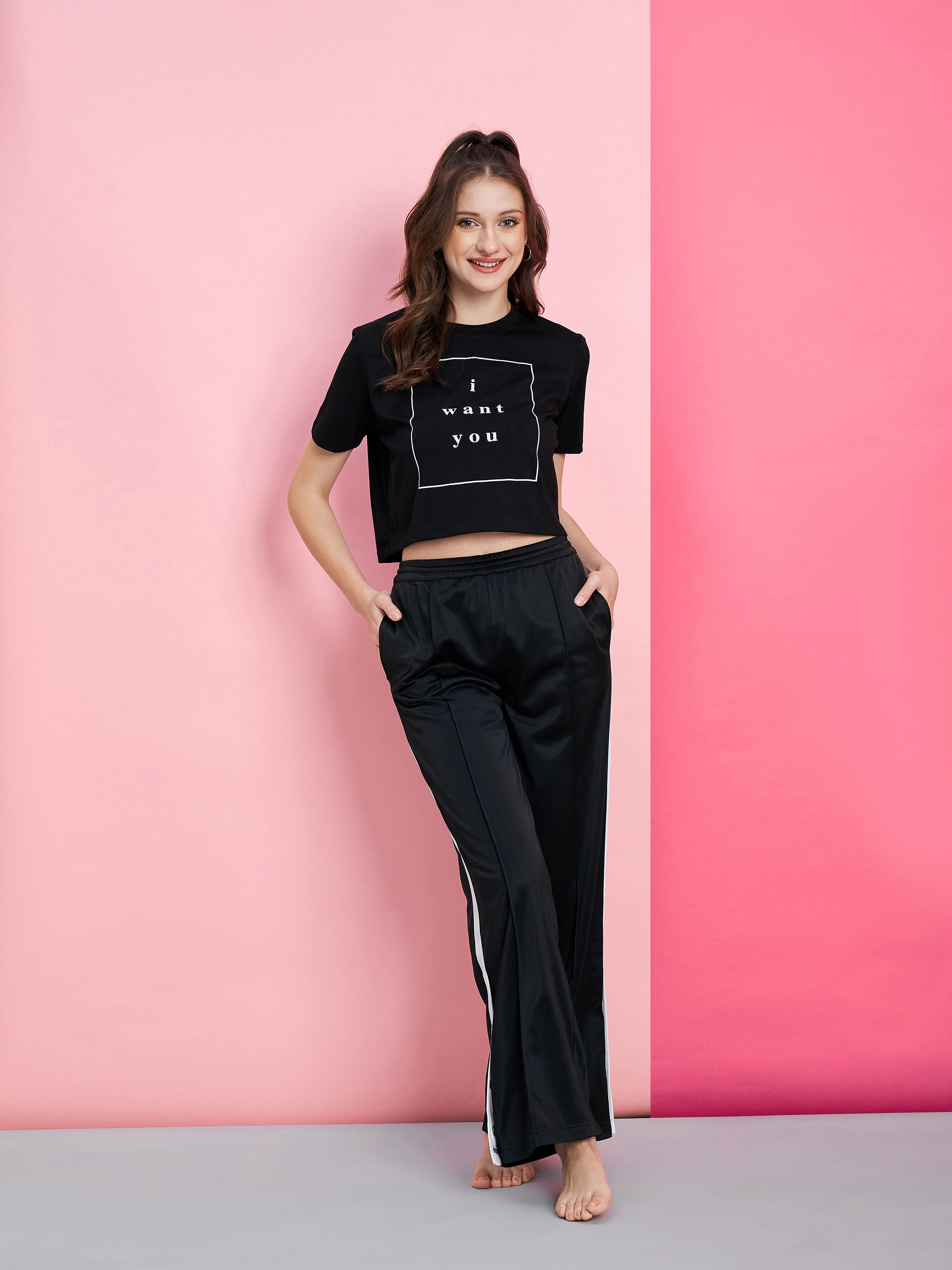 Women's Black I WANT YOU Boxy T-Shirt With Side Button Track Pants - SASSAFRAS