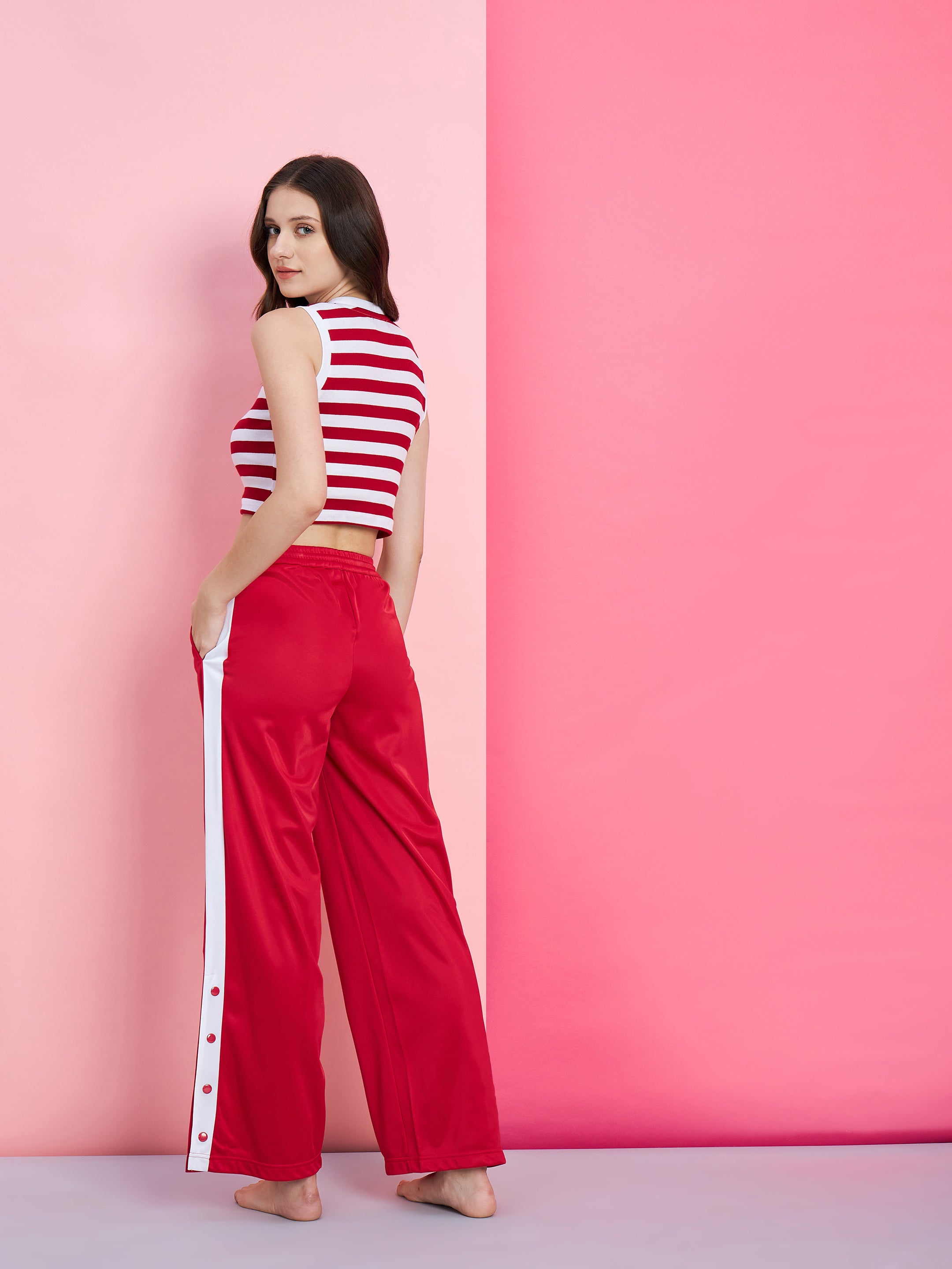 Women's Red & White Stripe Rib Crop Top With Red Side Button Track Pants - SASSAFRAS
