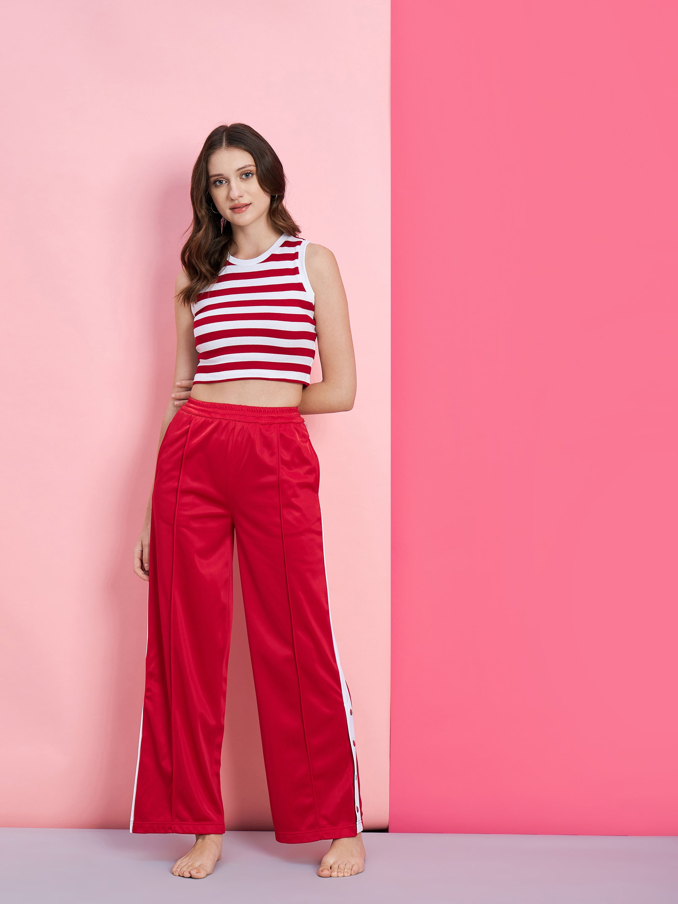 Women's Red & White Stripe Rib Crop Top With Red Side Button Track Pants - SASSAFRAS