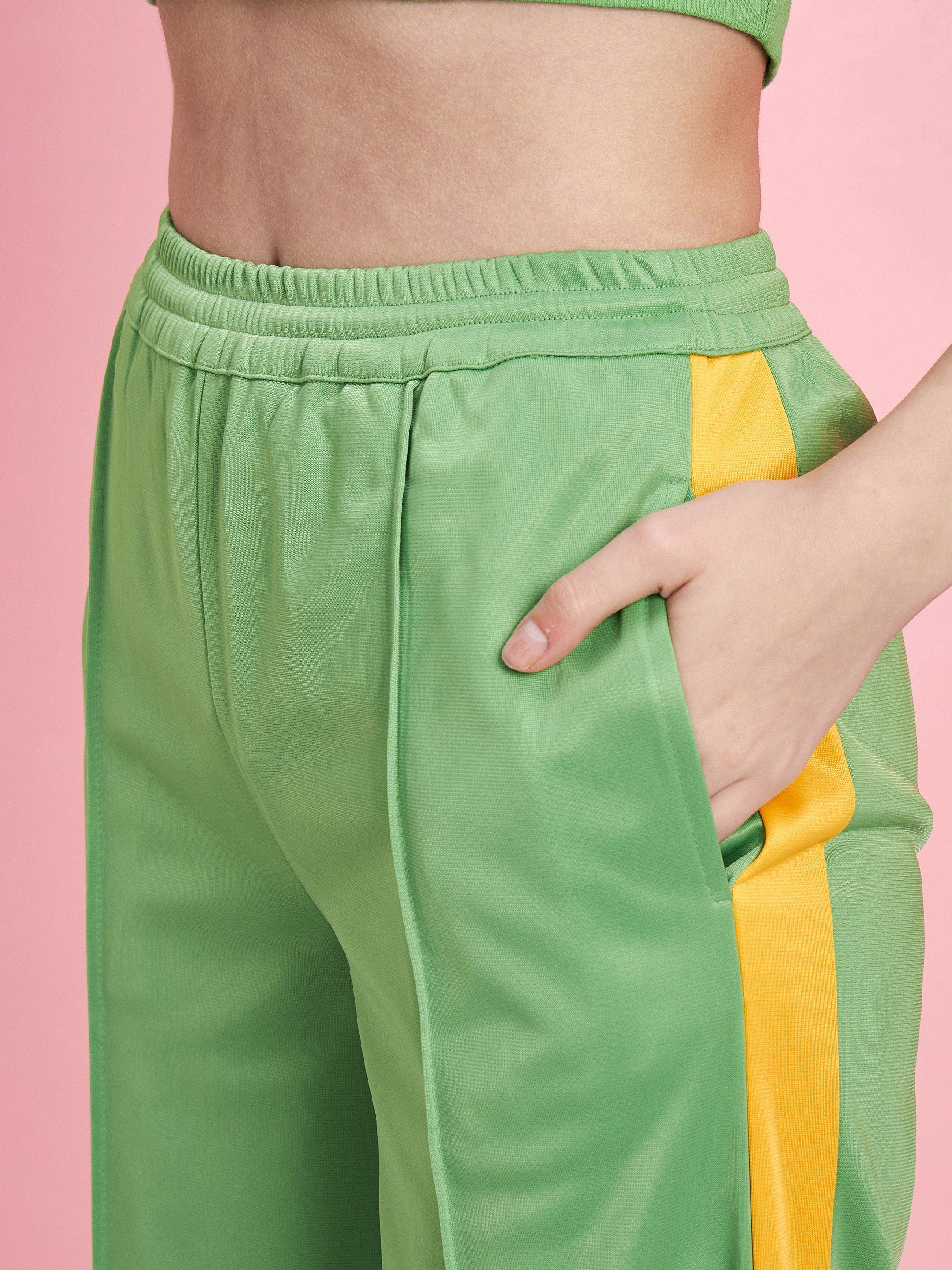 Women's Green Halter Rib Crop Top With Side Button Track Pants - SASSAFRAS