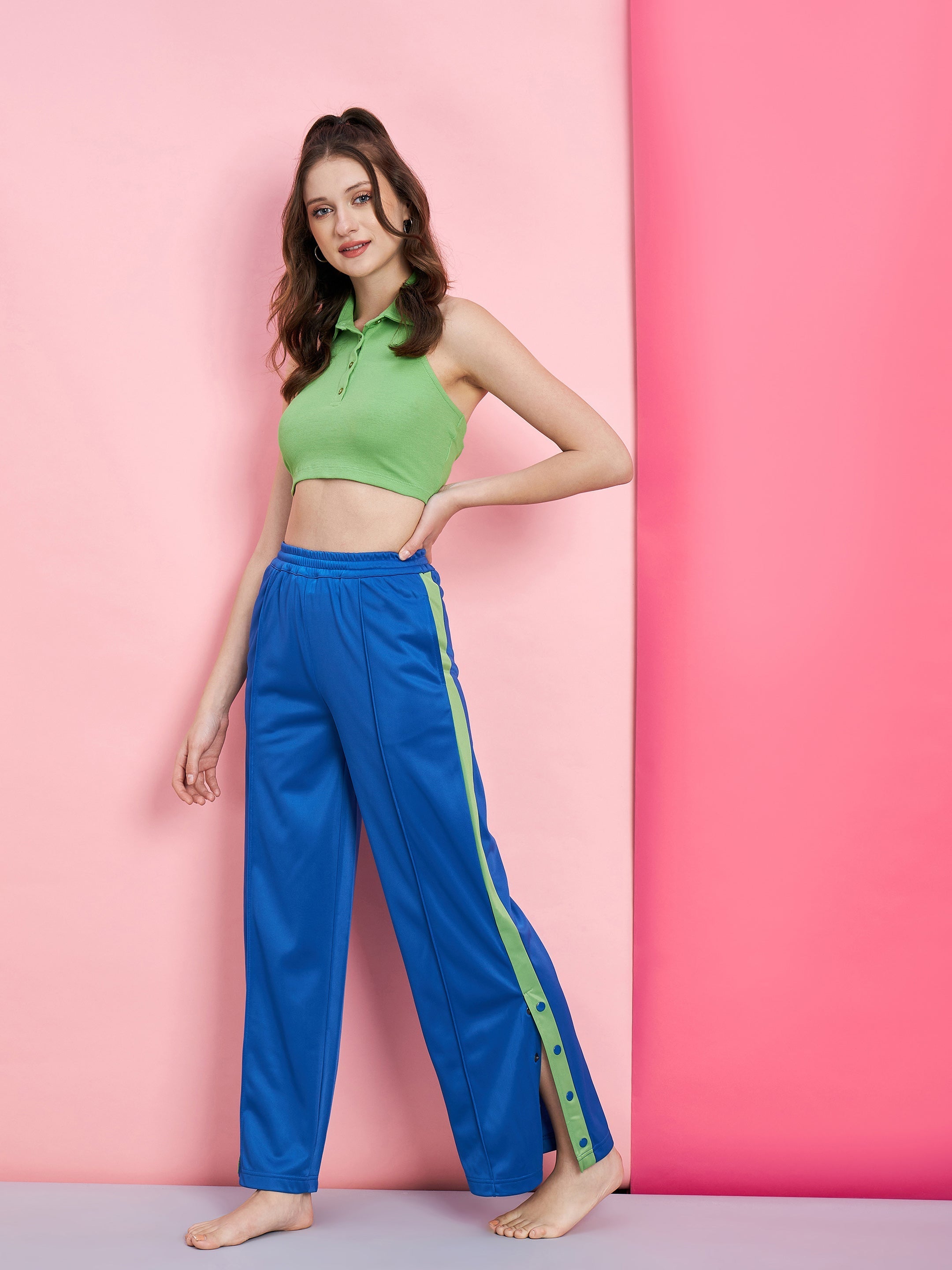 Women's Green Polo Rib Crop T-Shirt With Blue Side Button Track Pants - SASSAFRAS