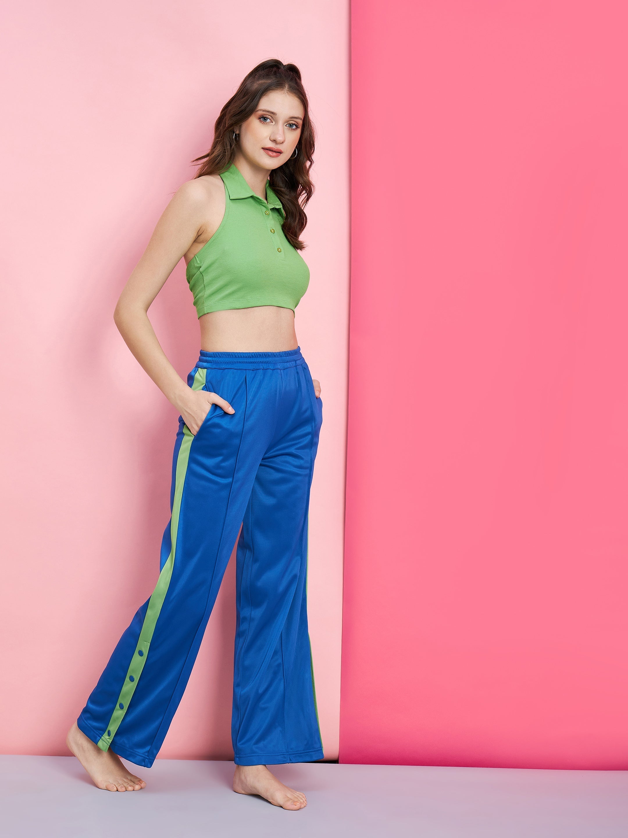 Women's Green Polo Rib Crop T-Shirt With Blue Side Button Track Pants - SASSAFRAS