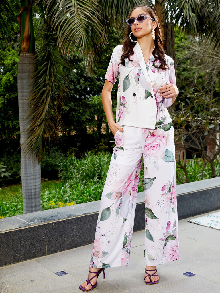 Women's White Floral Shawl Collar Top With Pants