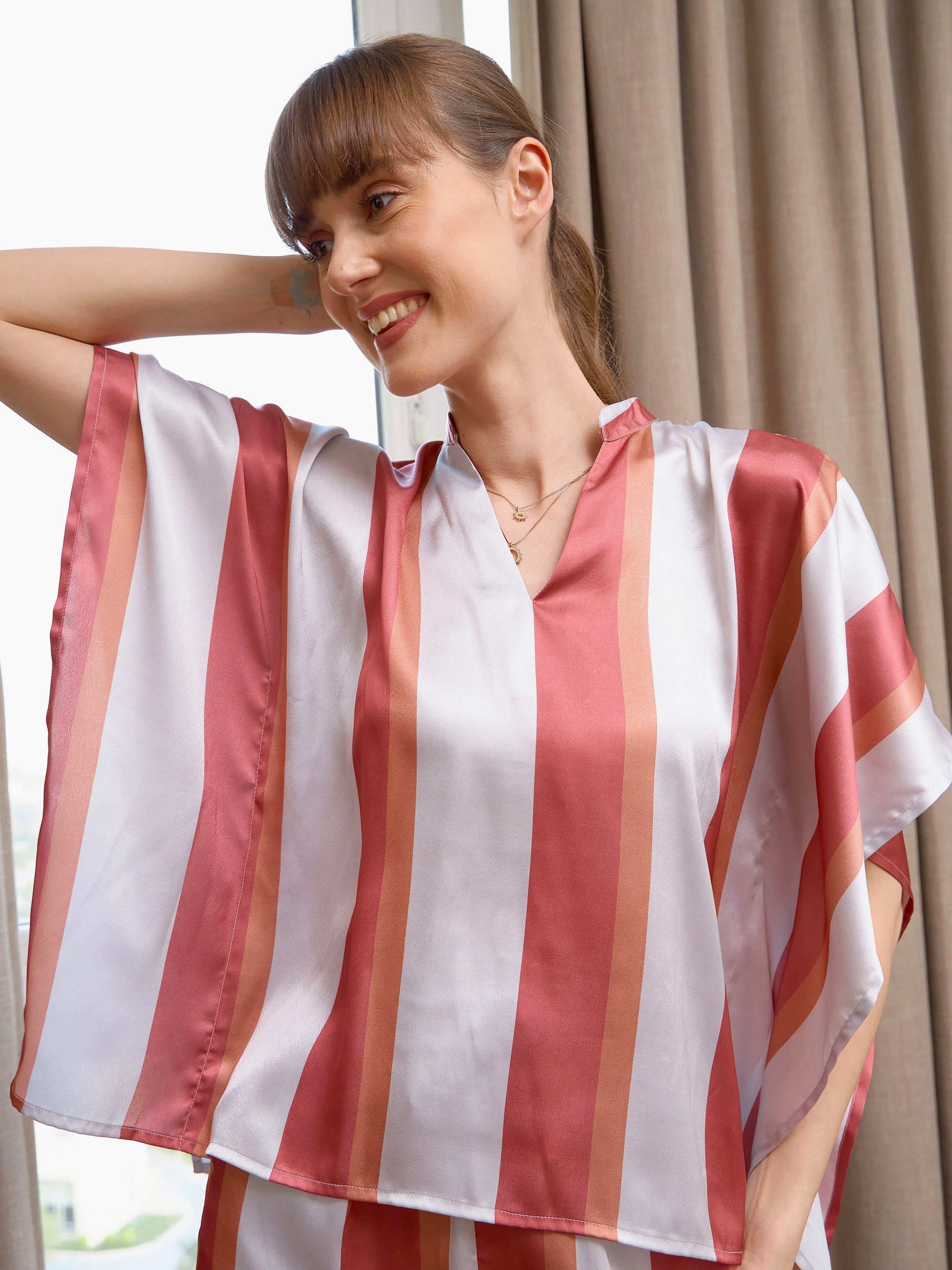 Women's Coral Satin Stripe Kaftan Top With Lounge Pants - SASSAFRAS
