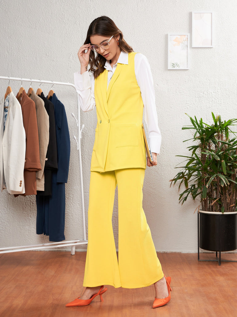 Women's Yellow Sleeveless Blazer With Bell Bottom Pants