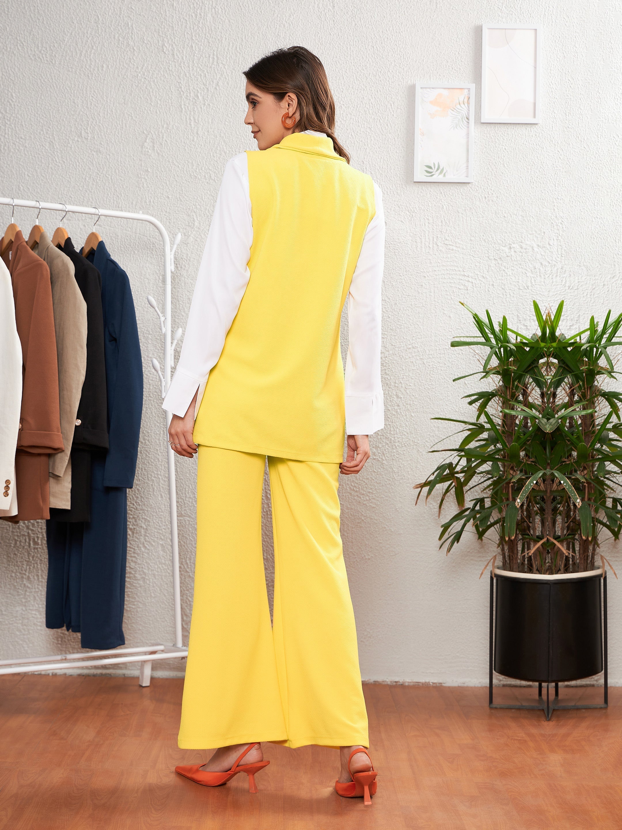 Women's Yellow Sleeveless Blazer With Bell Bottom Pants - SASSAFRAS