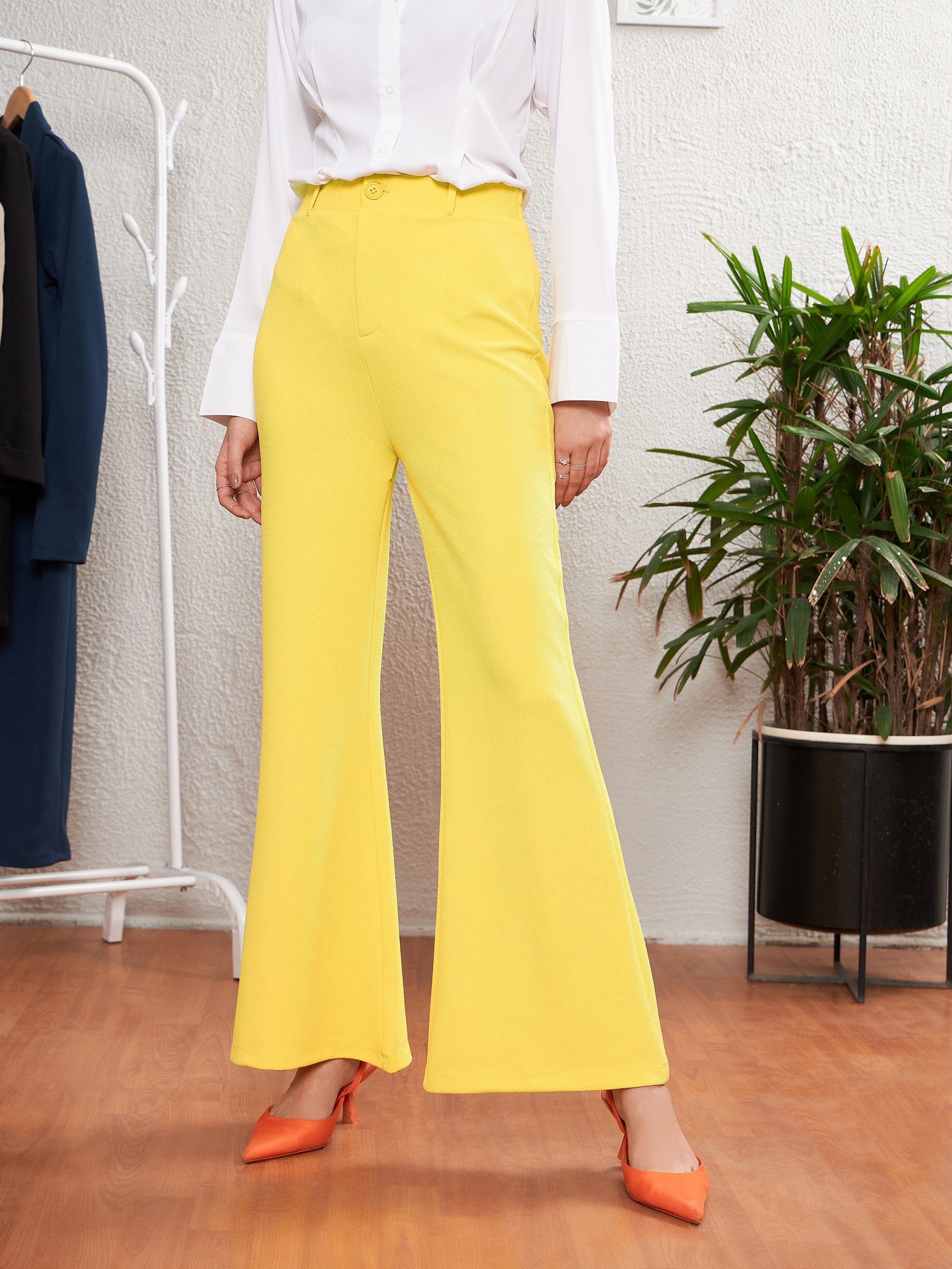 Women's Yellow Sleeveless Blazer With Bell Bottom Pants - SASSAFRAS