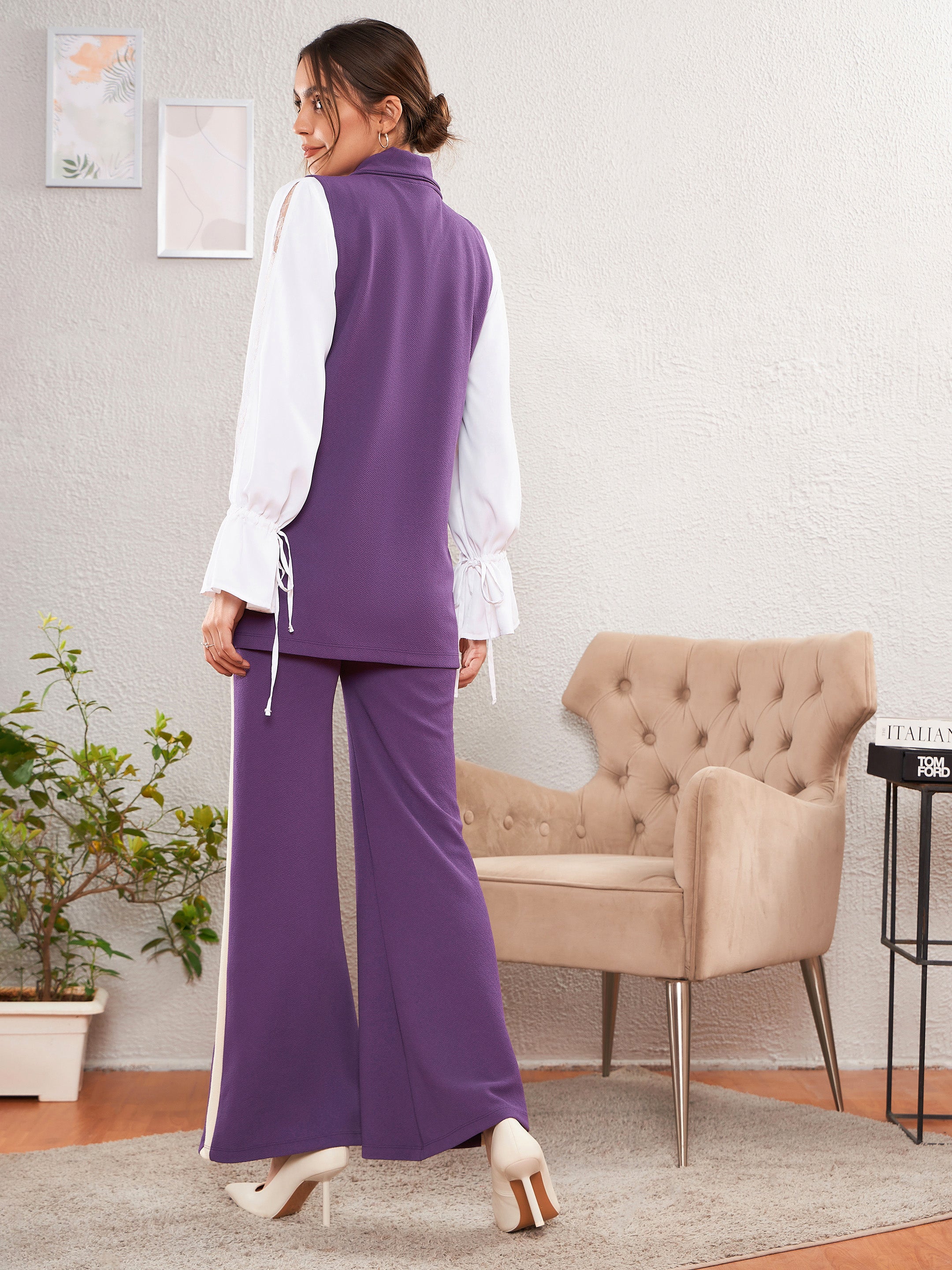 Women's Purple Sleeveless Blazer With Bell Bottom Pants - SASSAFRAS