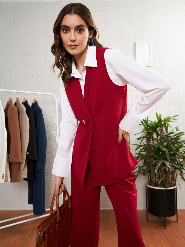 Women's Red Sleeveless Blazer With Straight Pants