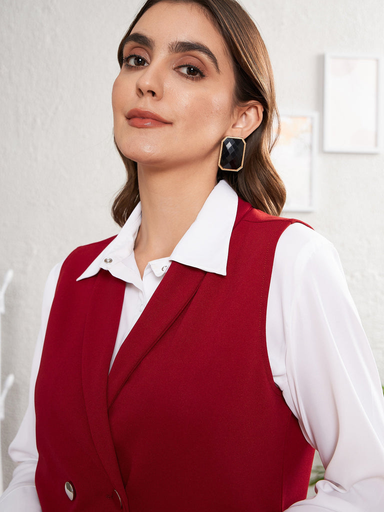 Women's Red Sleeveless Blazer With Straight Pants