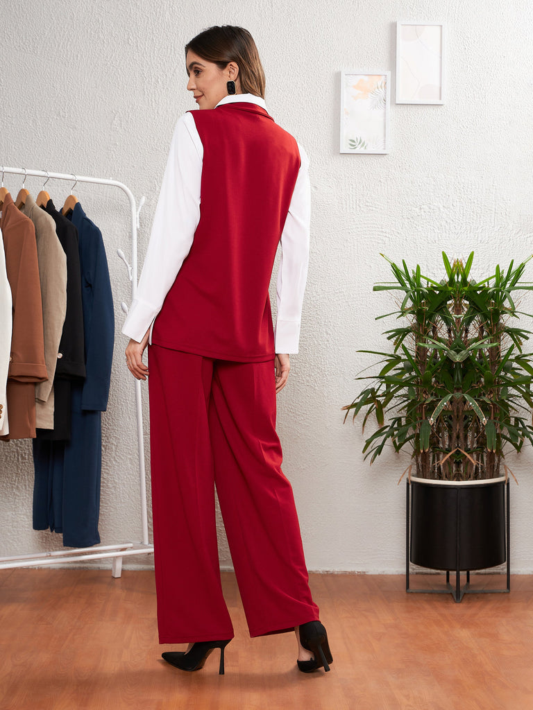 Women's Red Sleeveless Blazer With Straight Pants