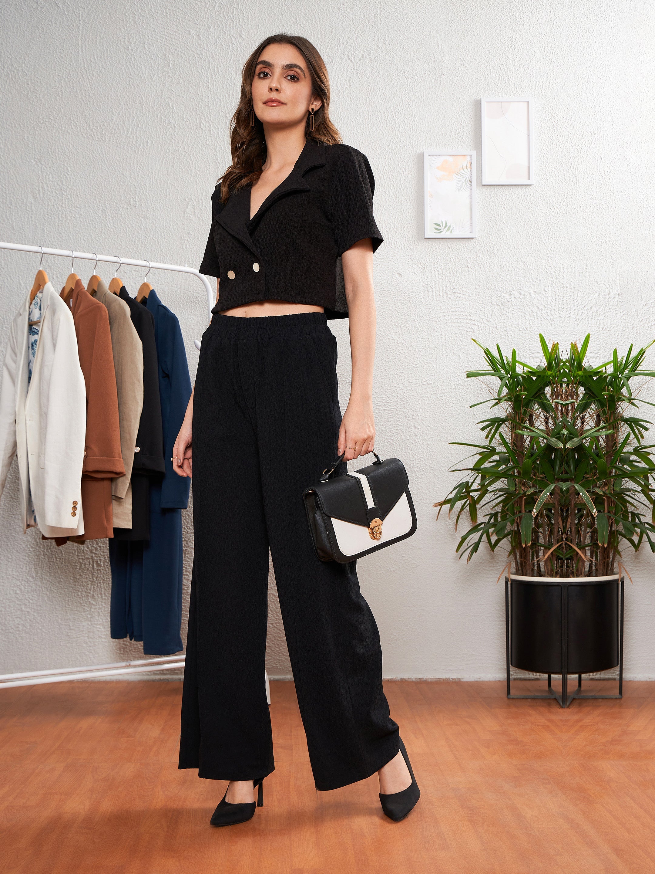 Women's Black Crop Blazer With Palazzo Pants - SASSAFRAS