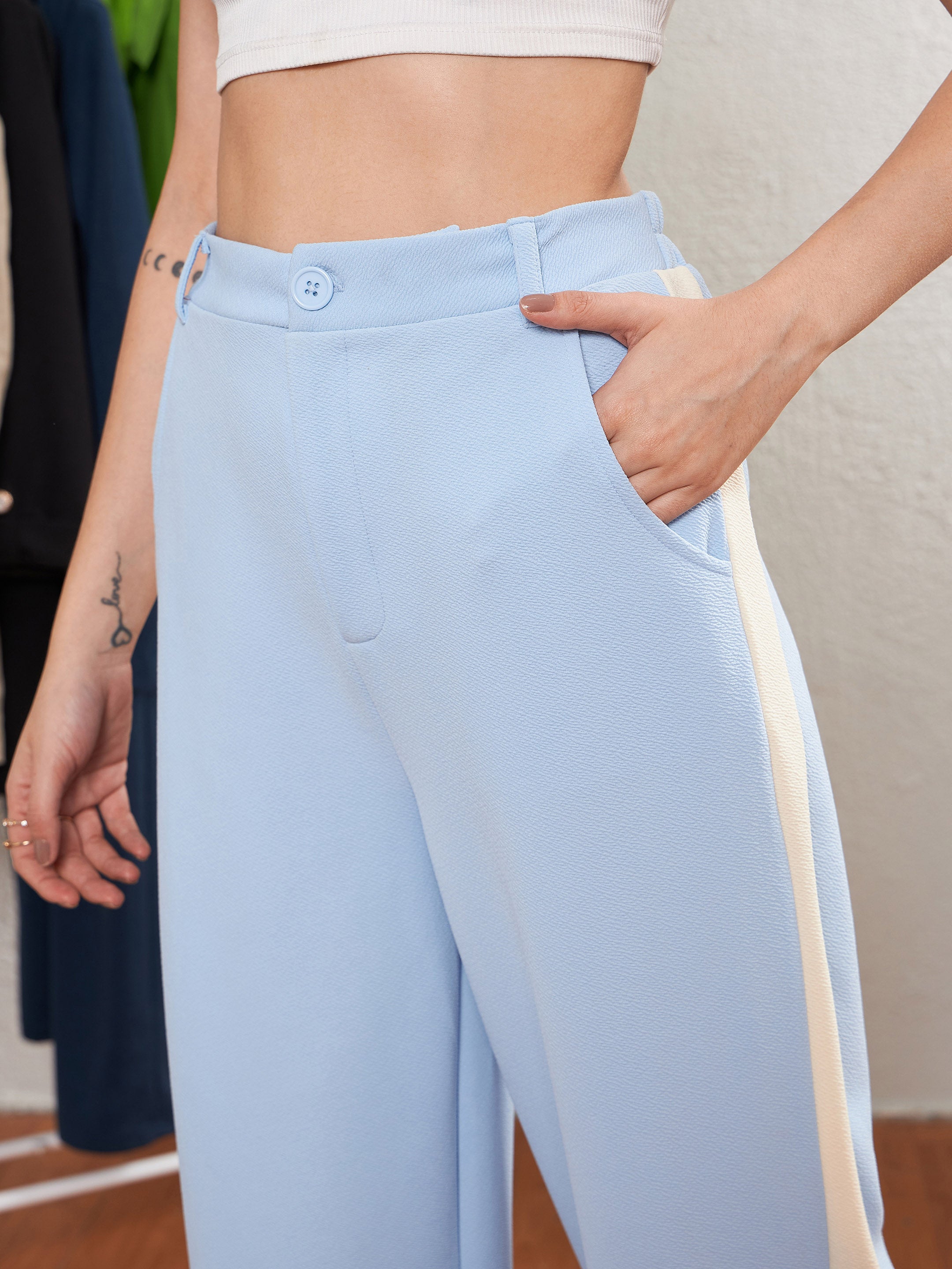 Women's Blue Longline Blazer With Side Tape Pants - SASSAFRAS