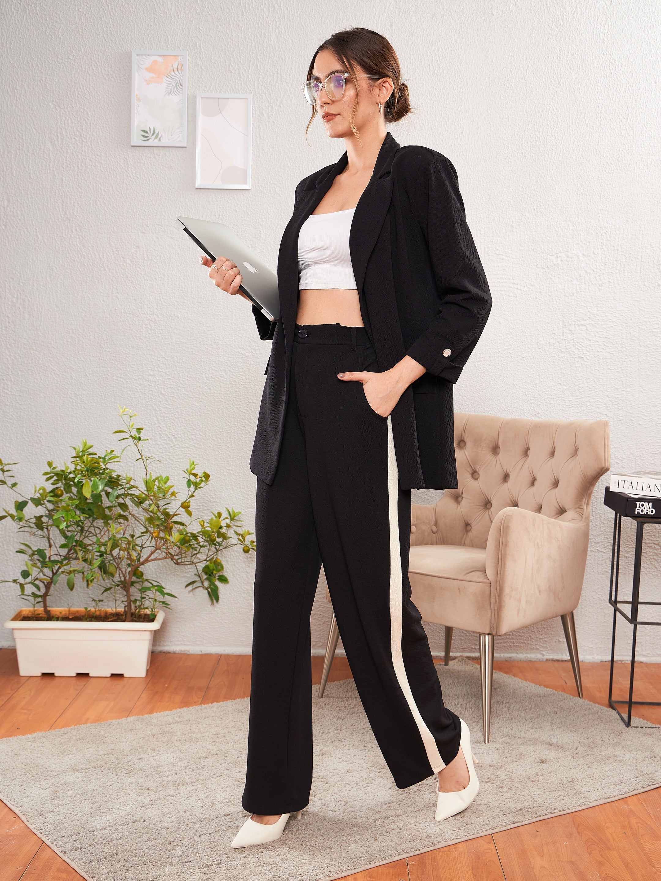 Women's Black Longline Blazer With Side Tape Pants - SASSAFRAS