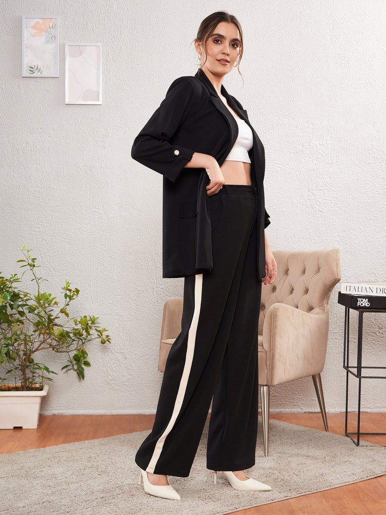 Women's Black Longline Blazer With Side Tape Pants