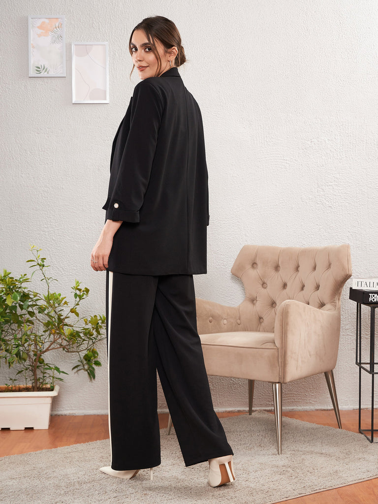 Women's Black Longline Blazer With Side Tape Pants