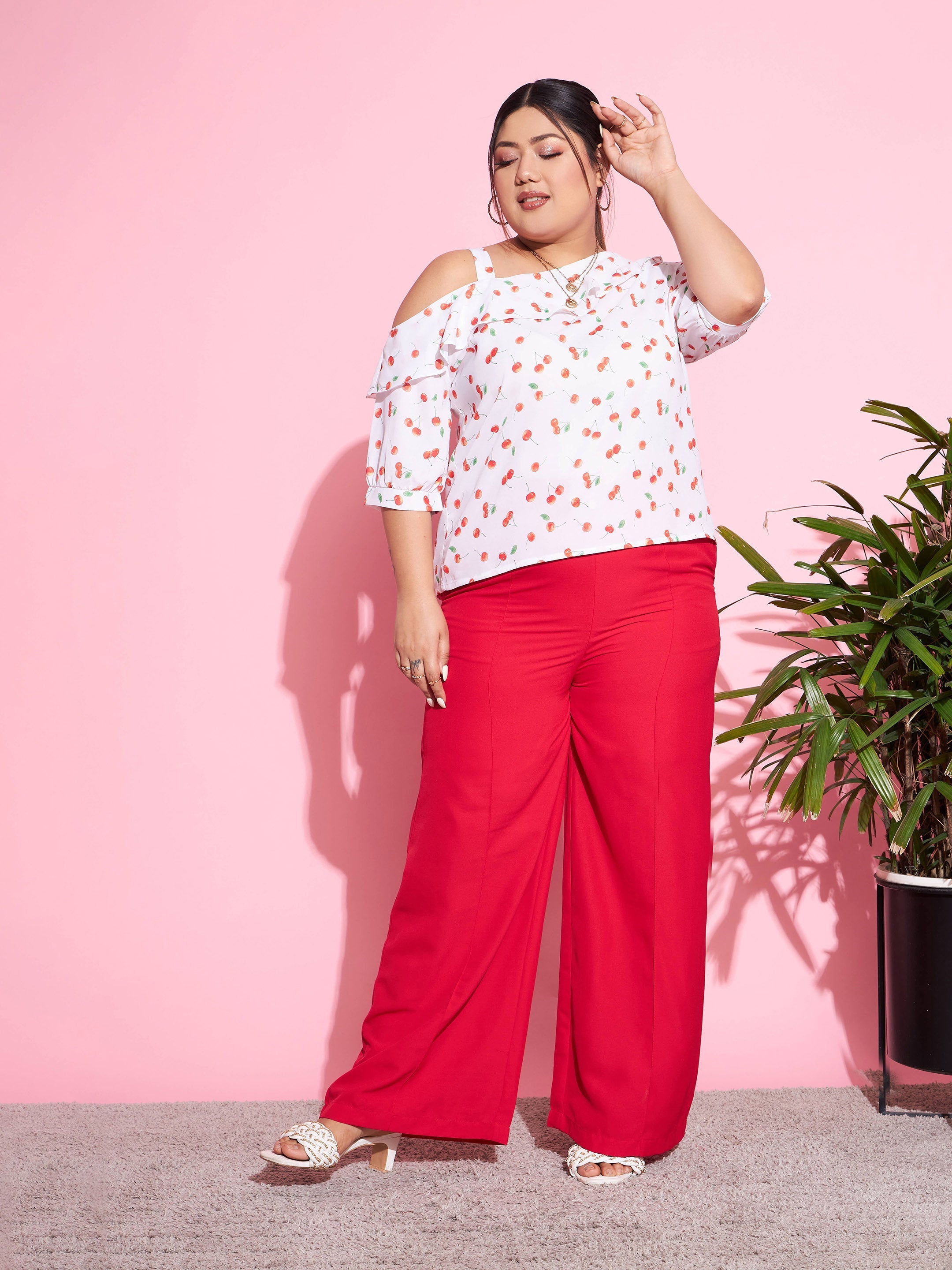 Women's Red Cherry One Shoulder Top With Pants - SASSAFRAS