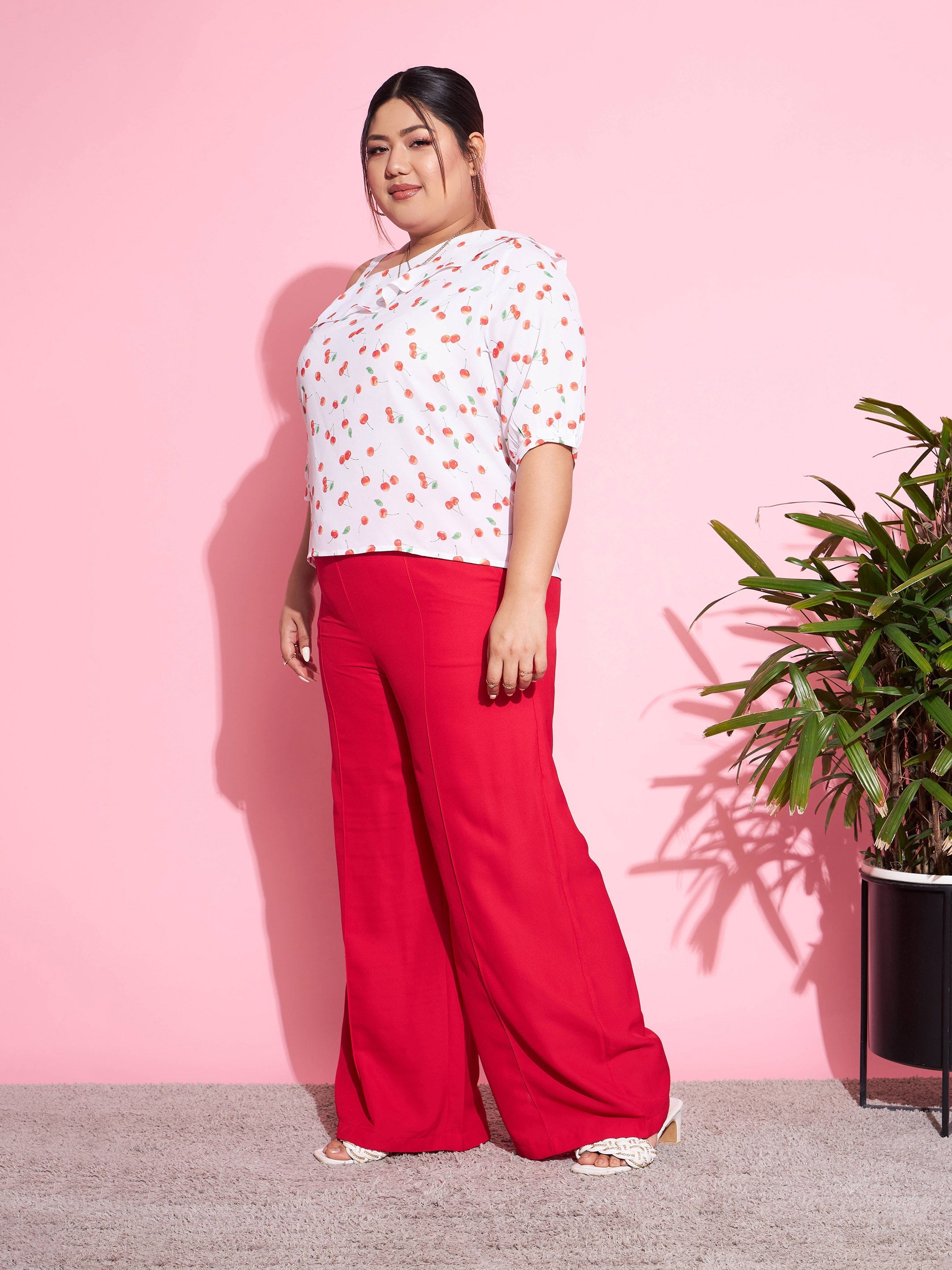 Women's Red Cherry One Shoulder Top With Pants - SASSAFRAS