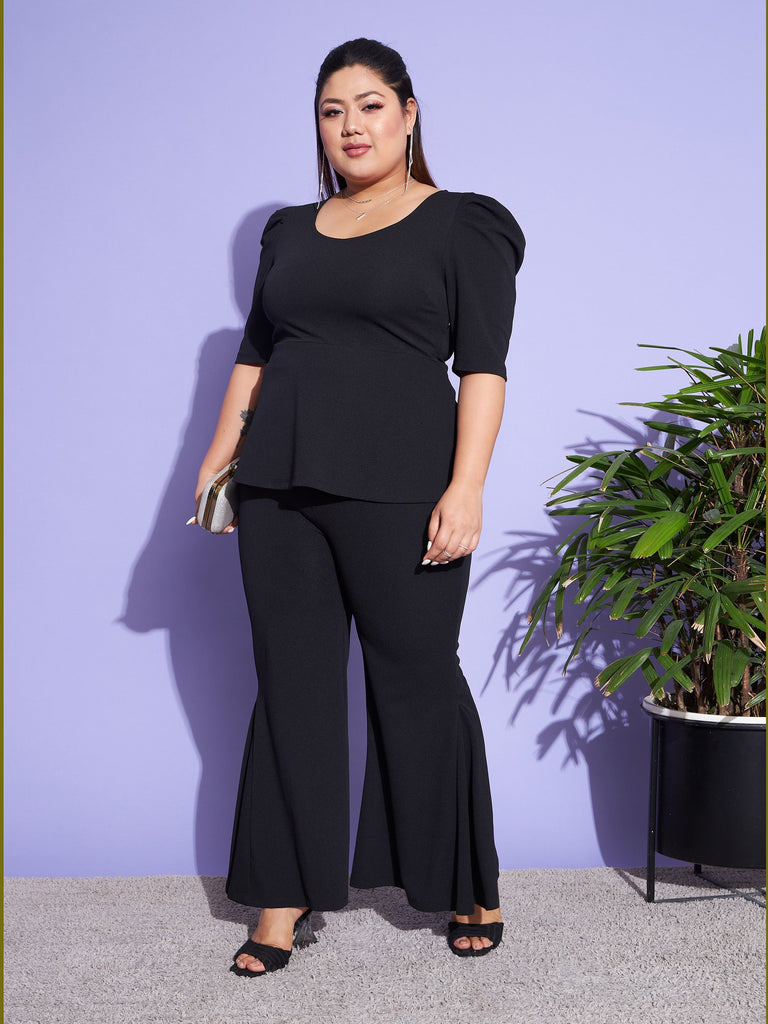 Women's Black Peplum Top With Kick Pleats Pants