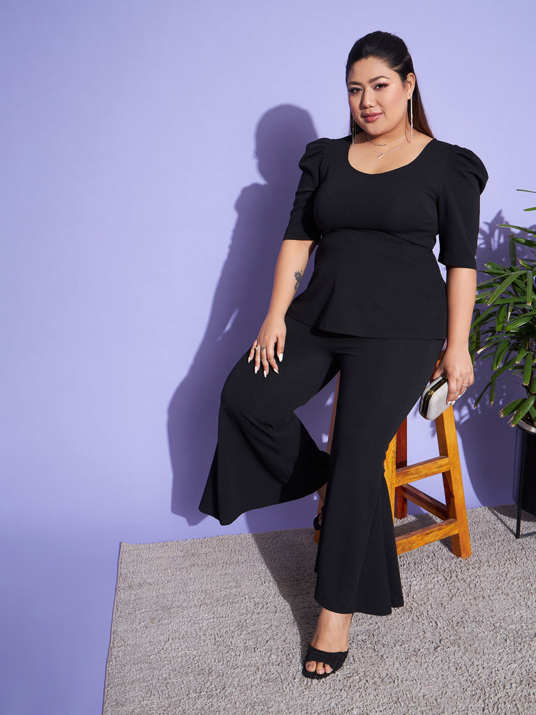 Women's Black Peplum Top With Kick Pleats Pants