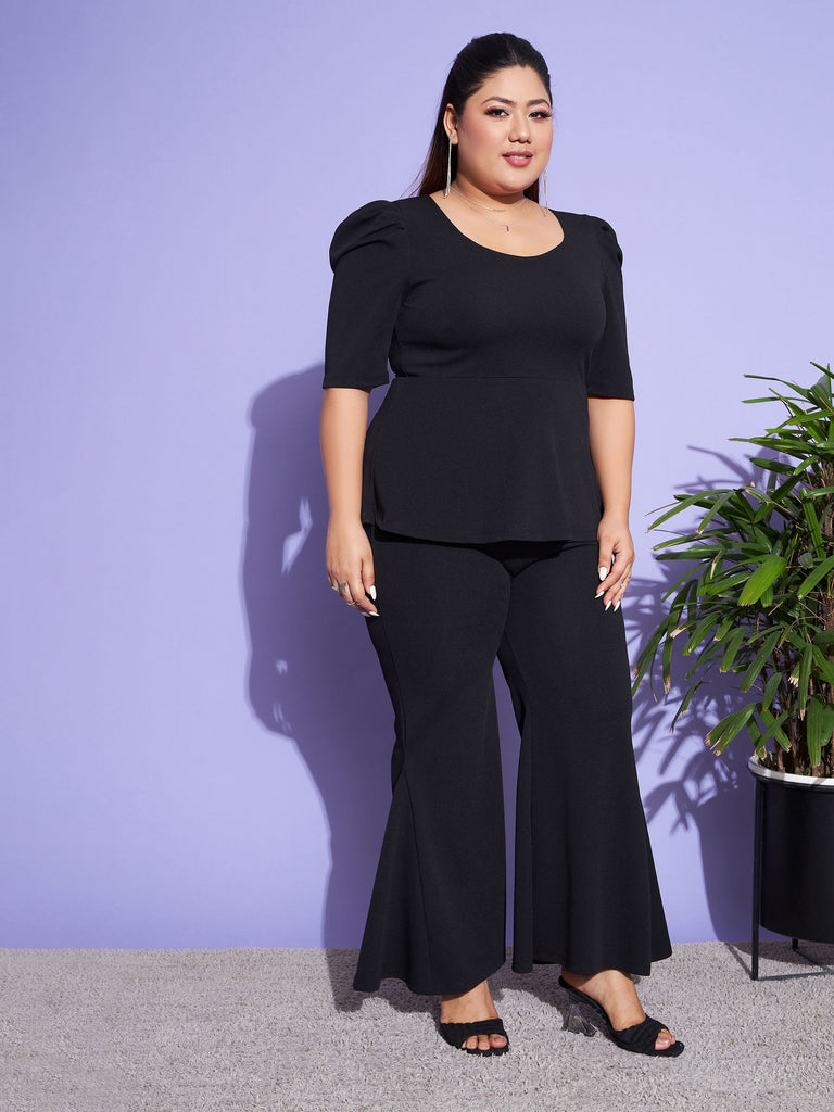 Women's Black Peplum Top With Kick Pleats Pants