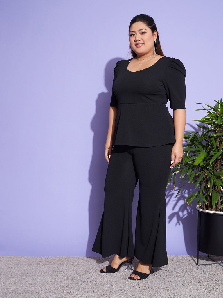 Women's Black Peplum Top With Kick Pleats Pants