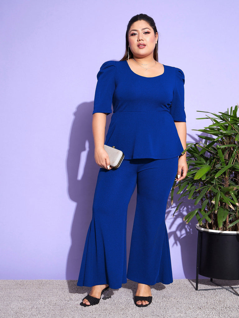 Women's Royal Blue Peplum Top With Kick Pleats Pants