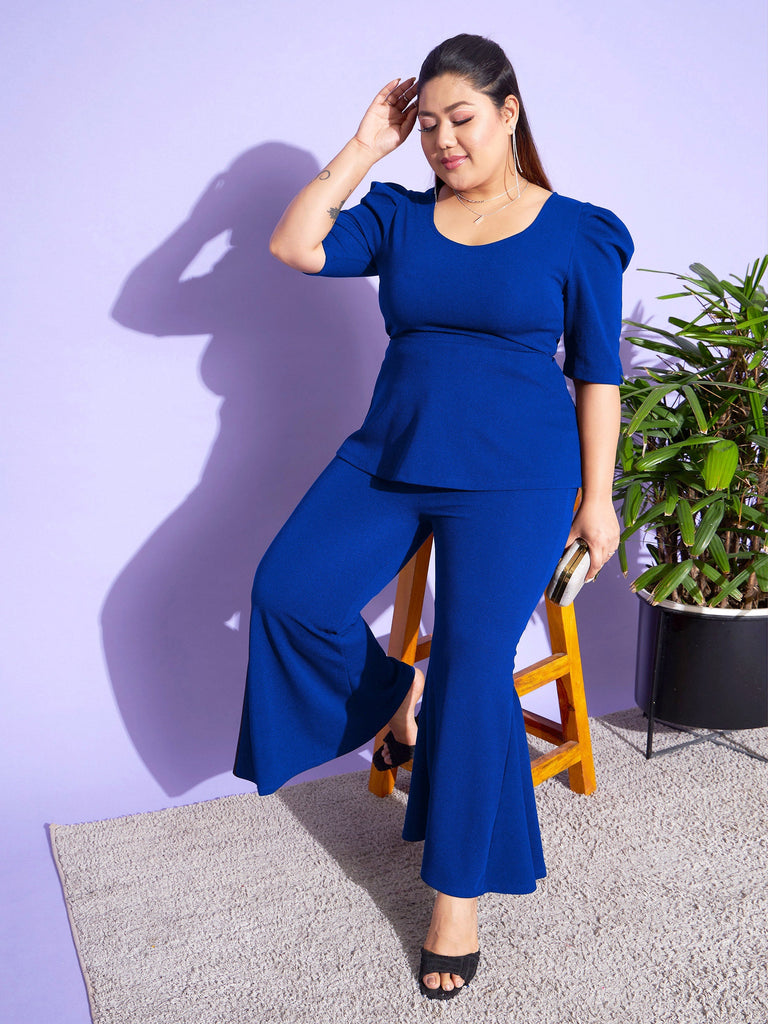 Women's Royal Blue Peplum Top With Kick Pleats Pants