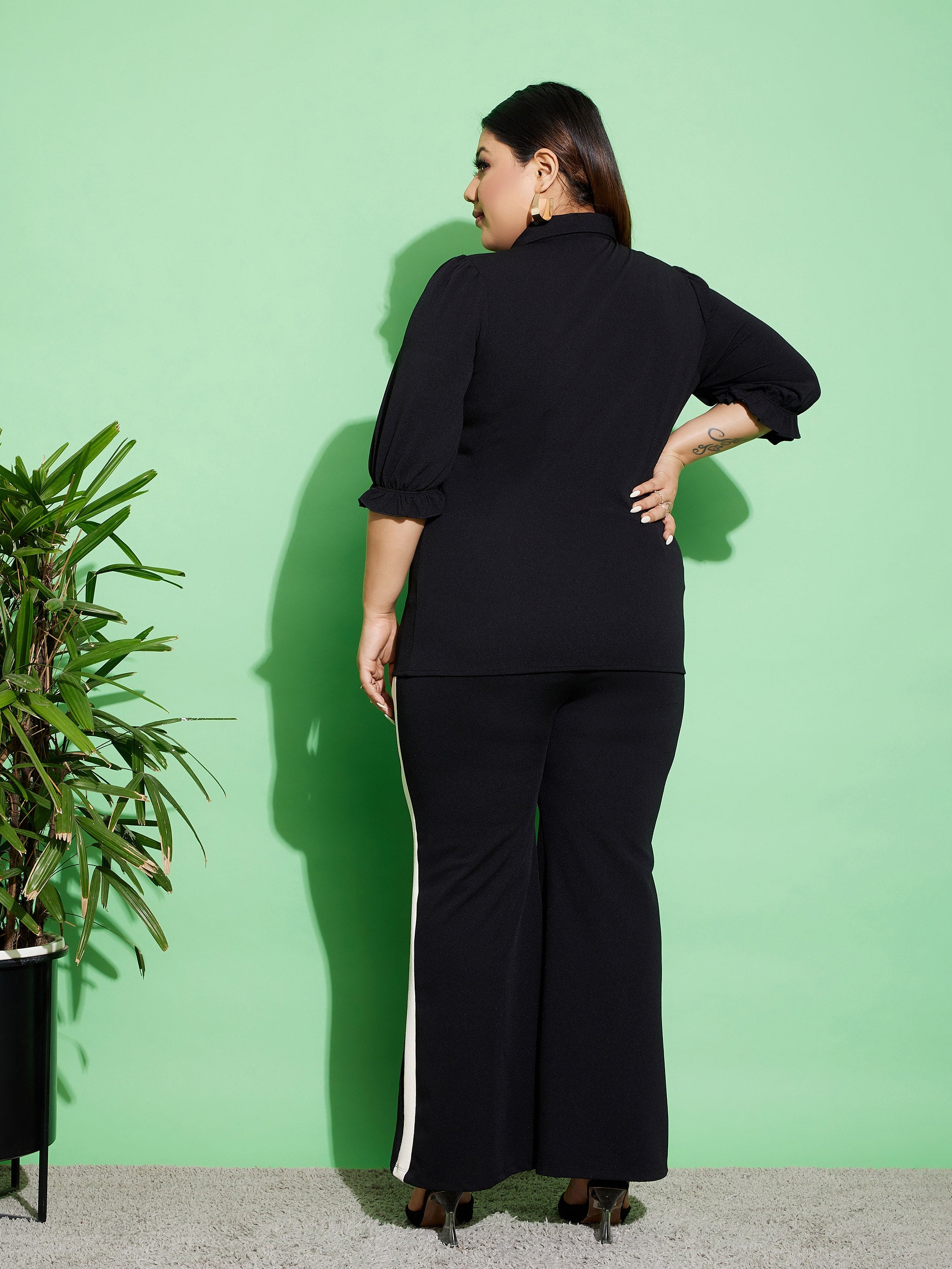 Women's Black Ruched Shirt With Side Tape Pants - SASSAFRAS