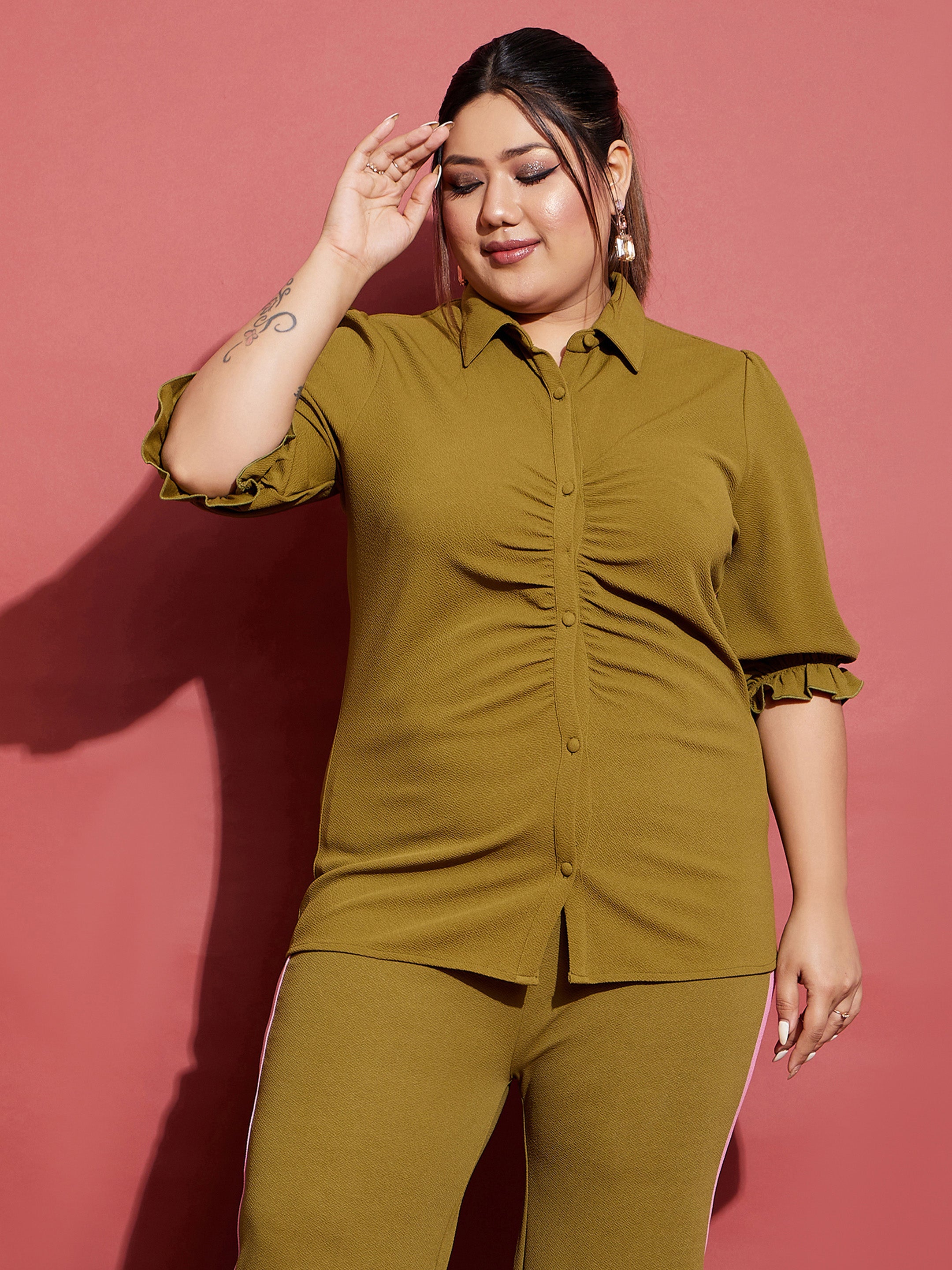 Women's Olive Ruched Shirt With Side Tape Pants - SASSAFRAS