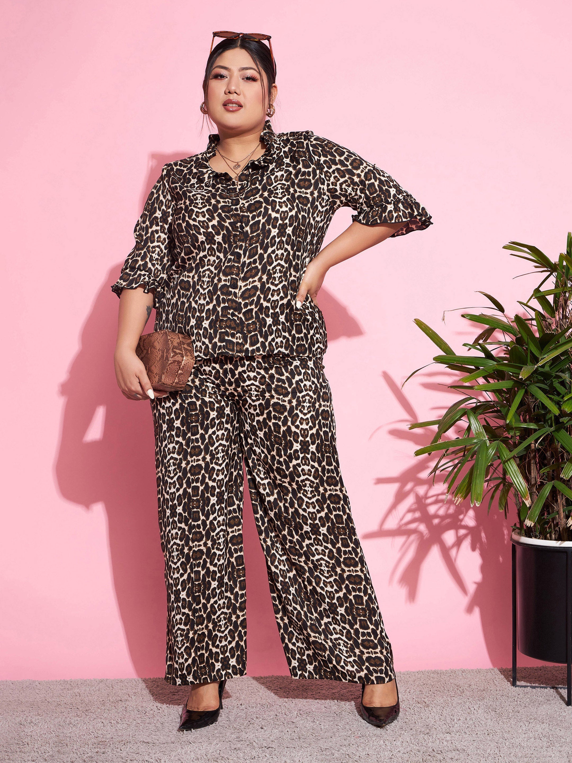 Women's Beige Animal Print Shirt With Straight Pants