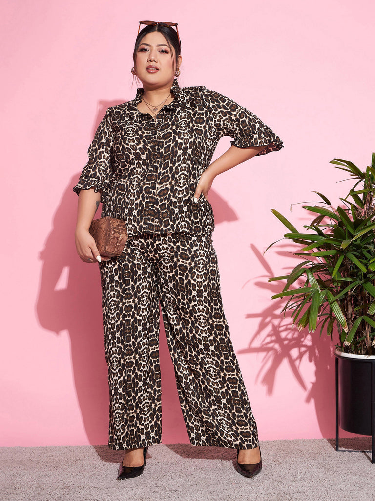 Women's Beige Animal Print Shirt With Straight Pants