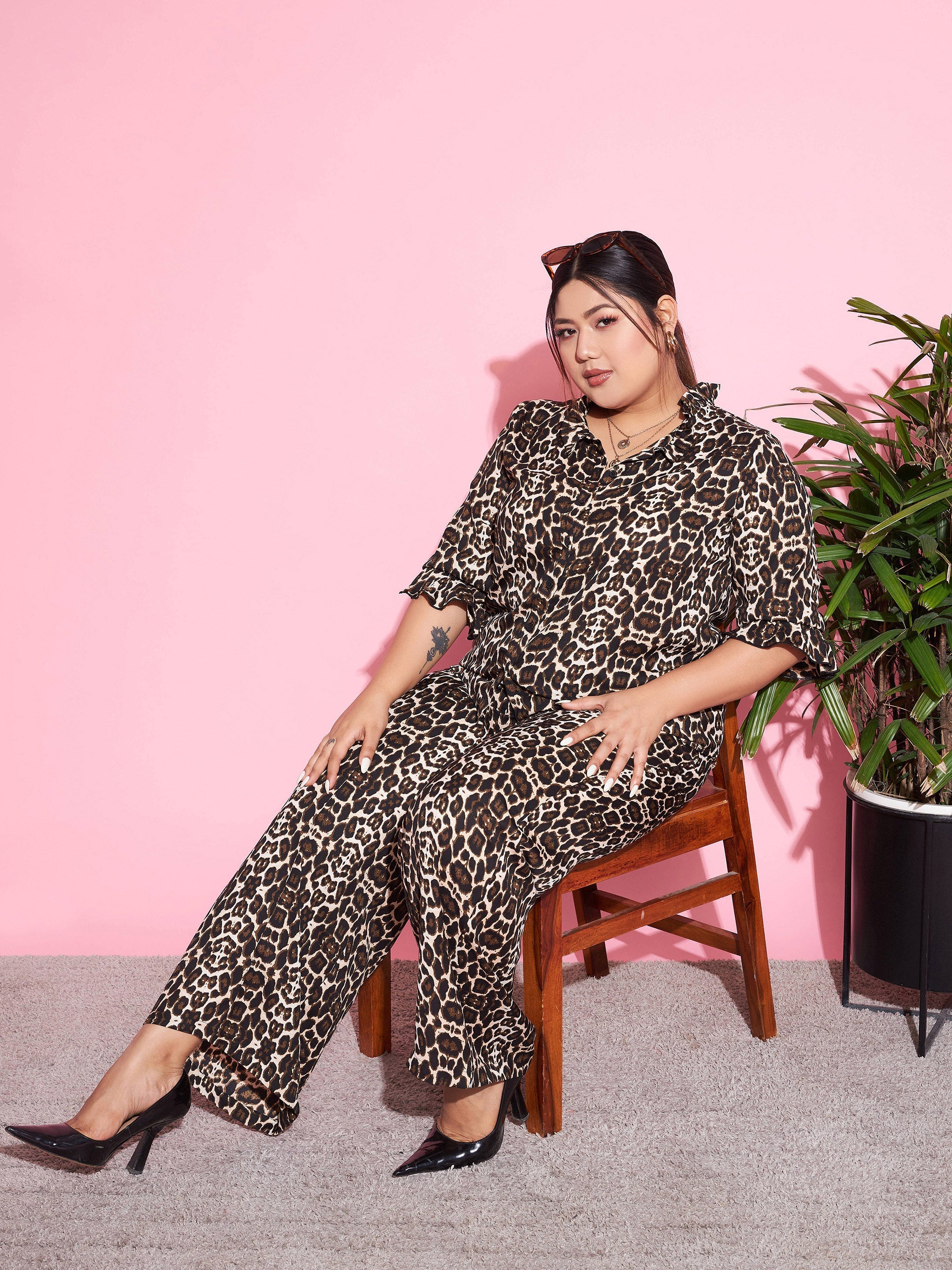 Women's Beige Animal Print Shirt With Straight Pants