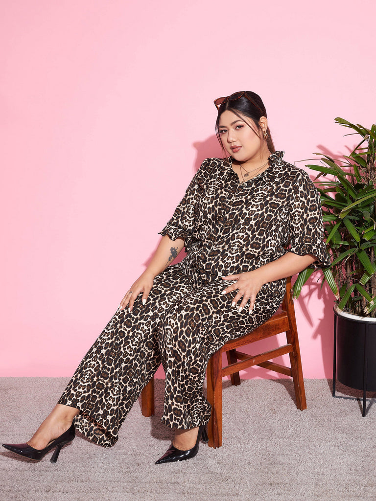 Women's Beige Animal Print Shirt With Straight Pants