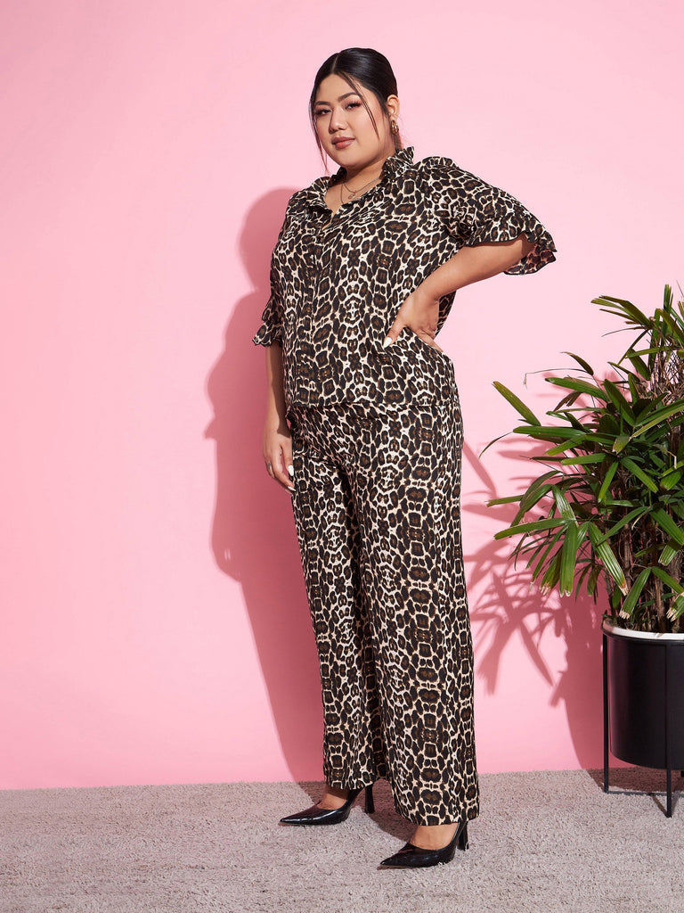 Women's Beige Animal Print Shirt With Straight Pants