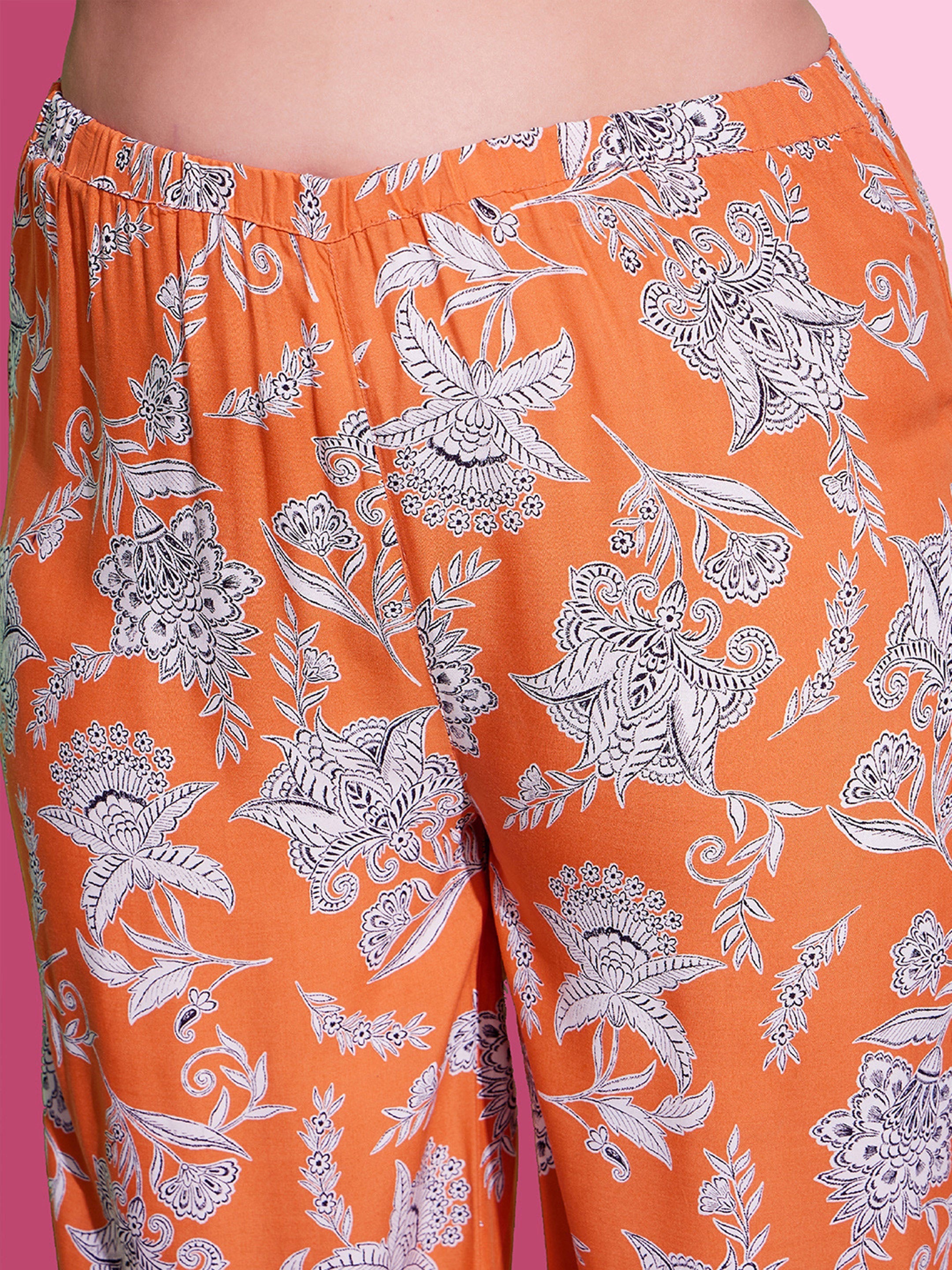 Women's Orange Floral Peplum Top With Straight Pants - SASSAFRAS