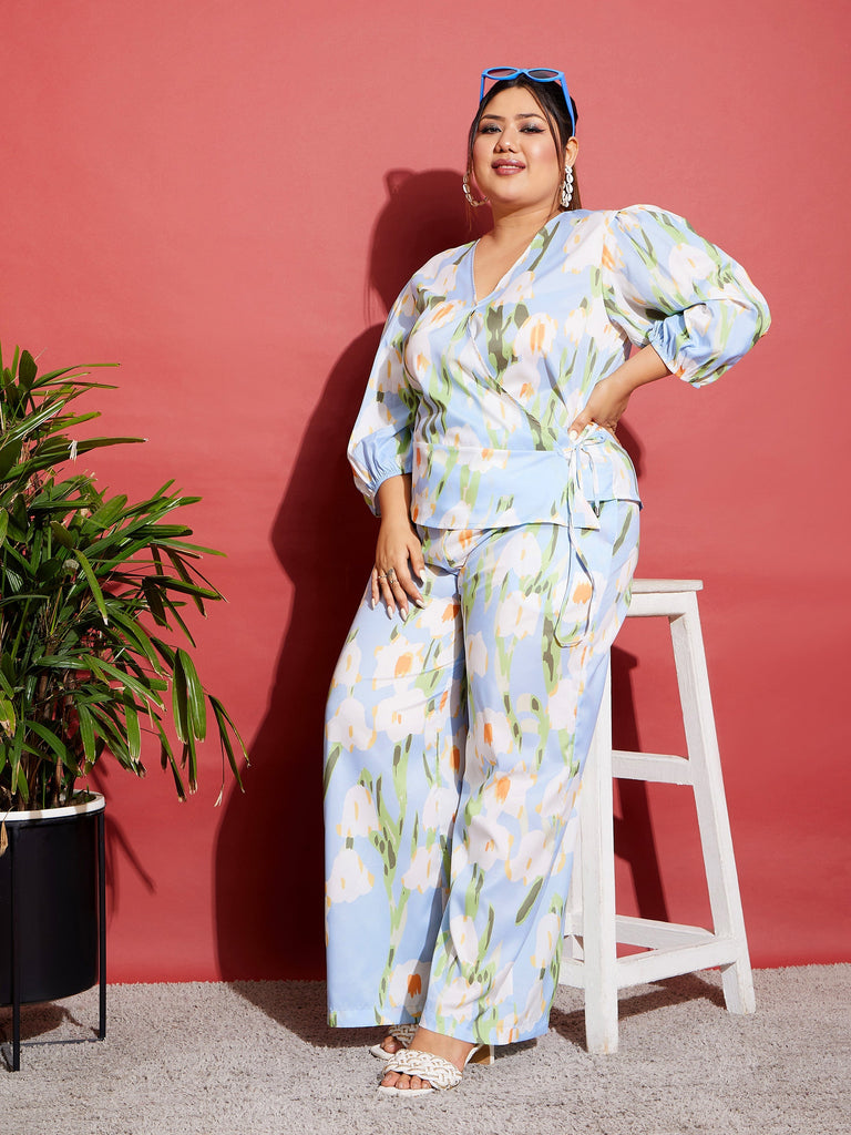 Women's Blue Floral Wrap Top With Straight Pants