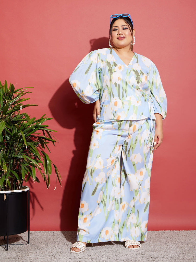 Women's Blue Floral Wrap Top With Straight Pants