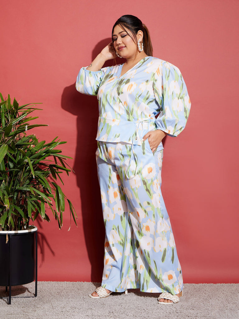 Women's Blue Floral Wrap Top With Straight Pants