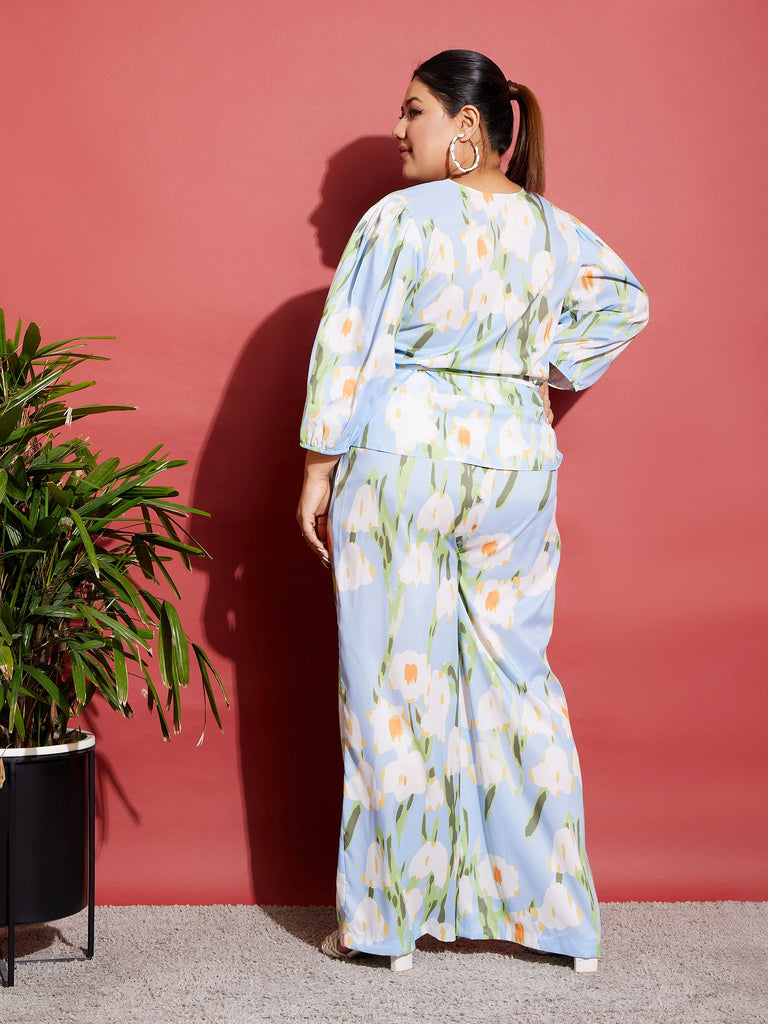 Women's Blue Floral Wrap Top With Straight Pants