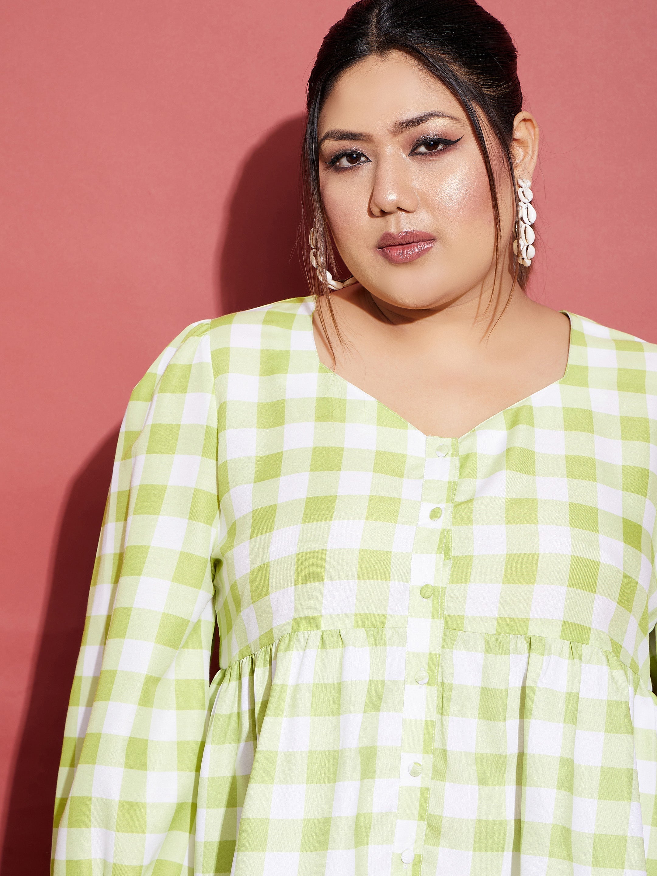 Women's Green & White Check Top With Tapered Pants - SASSAFRAS