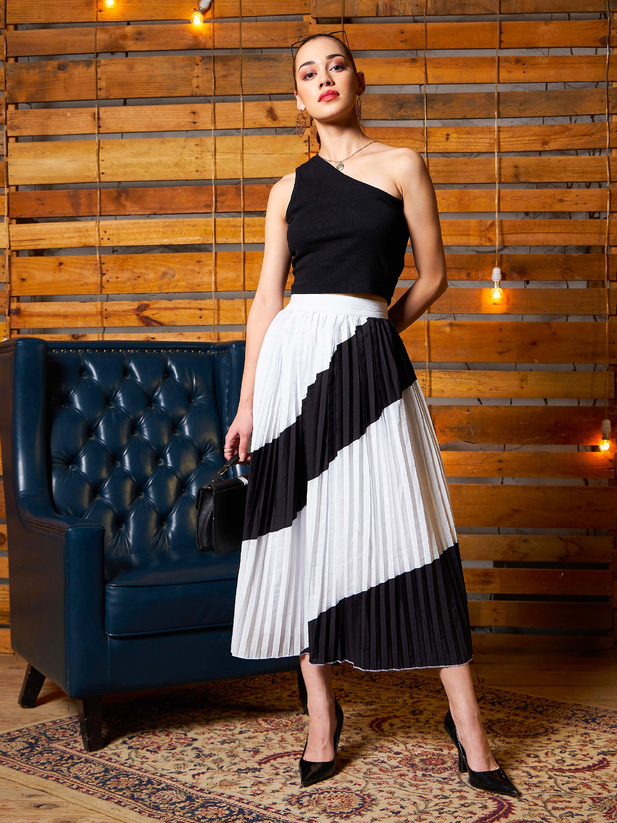 Women's Black Crop Top With Colour Block Pleated Skirt - SASSAFRAS