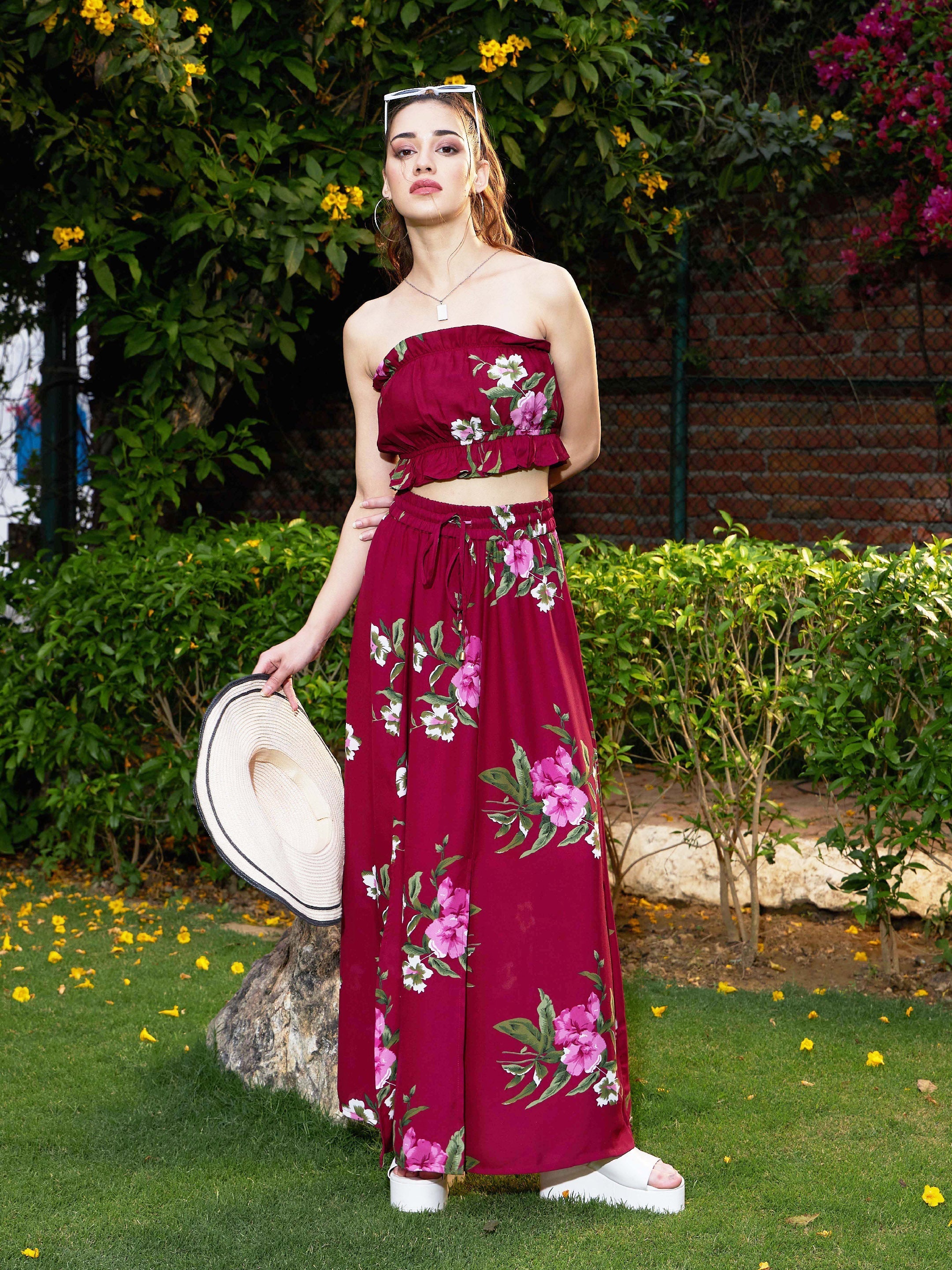 Women's Maroon Floral Tube Top With Maxi Skirt - SASSAFRAS
