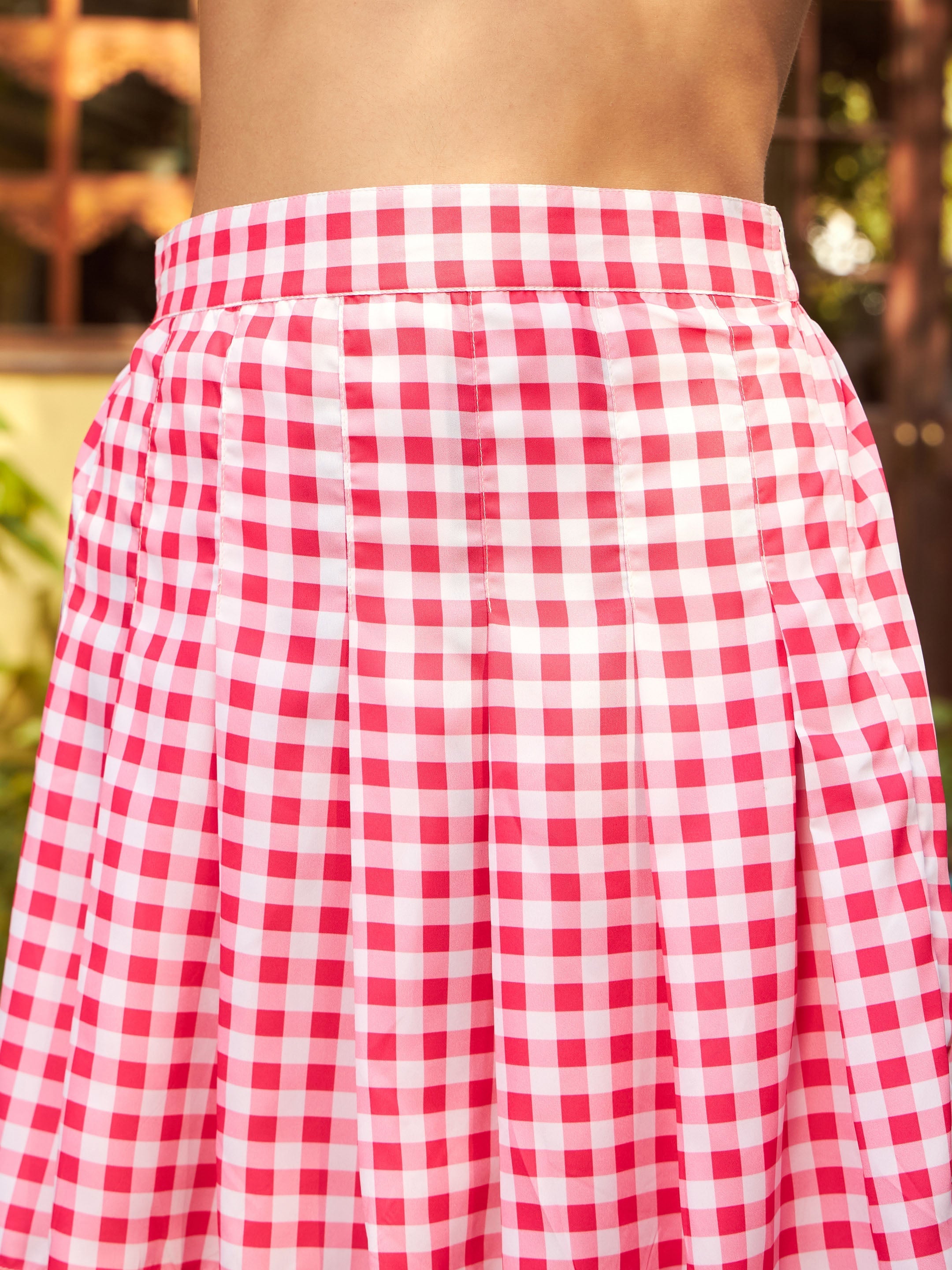 Women's Pink Check Crop Shirt With Pleated Mini Skirt - SASSAFRAS