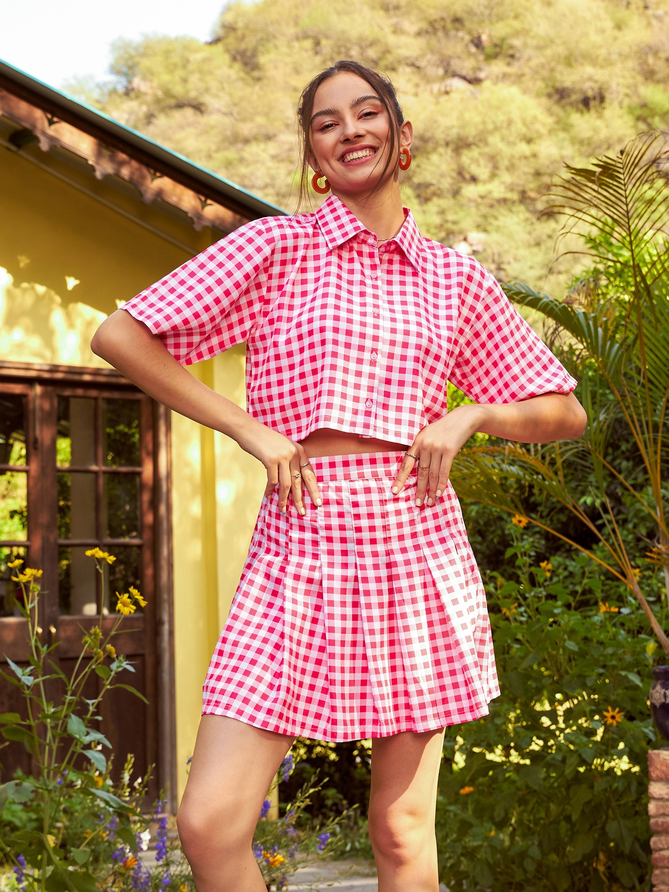 Women's Pink Check Crop Shirt With Pleated Mini Skirt - SASSAFRAS