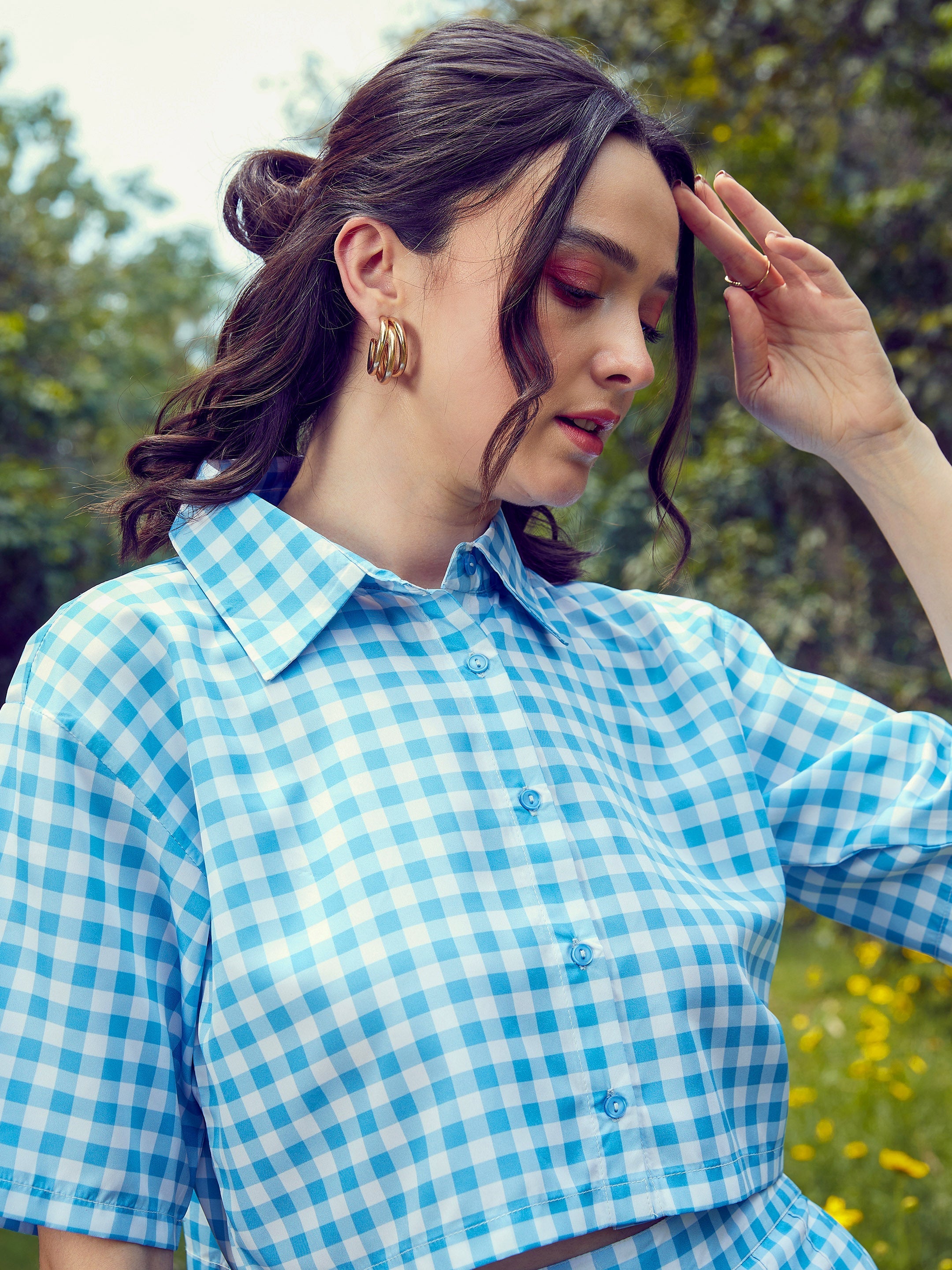 Women's Blue Check Crop Shirt With Pleated Mini Skirt - SASSAFRAS