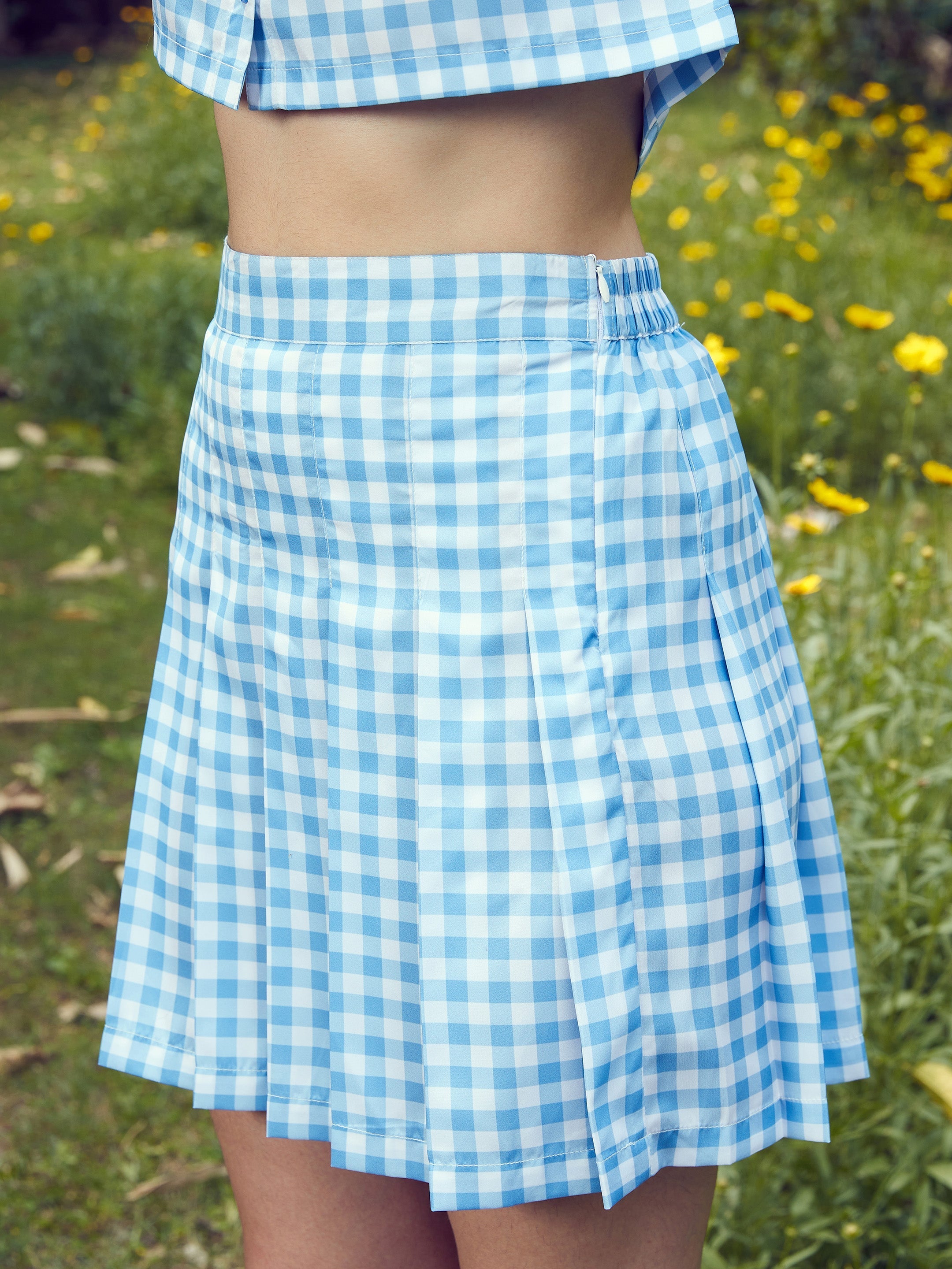 Women's Blue Check Crop Shirt With Pleated Mini Skirt - SASSAFRAS