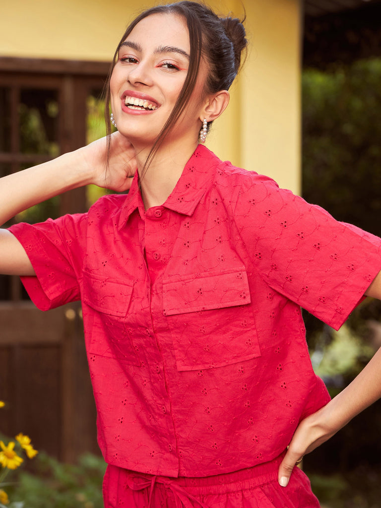Women's Red Schiffli Crop Shirt With Wide Leg Pants