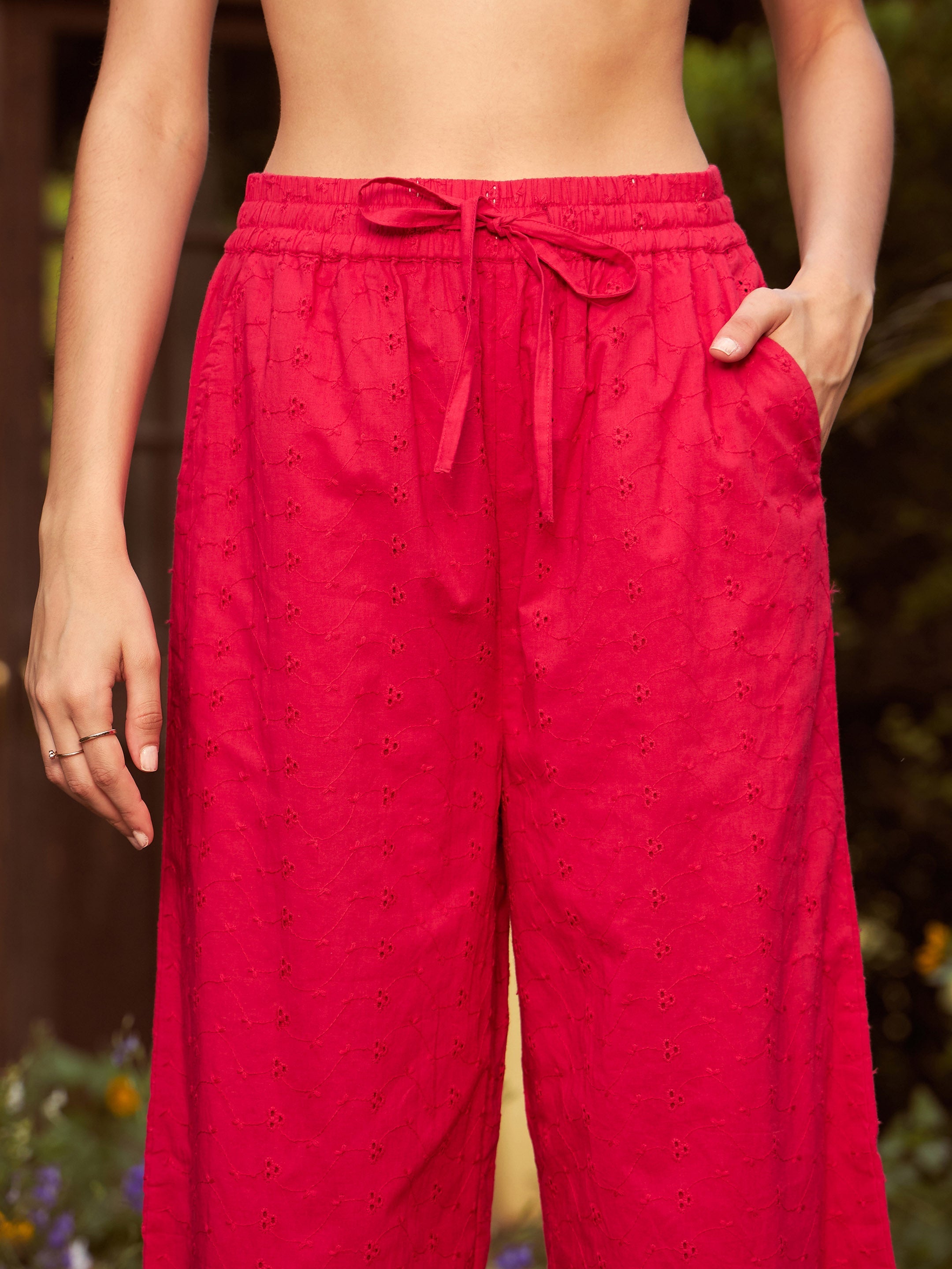 Women's Red Schiffli Crop Shirt With Wide Leg Pants - SASSAFRAS